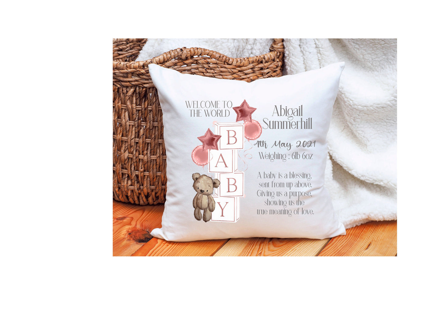 Personalised New Baby Teddy Cushion Gift, New Baby Personalised Gift, New Baby Teddy Block Cushion Gift