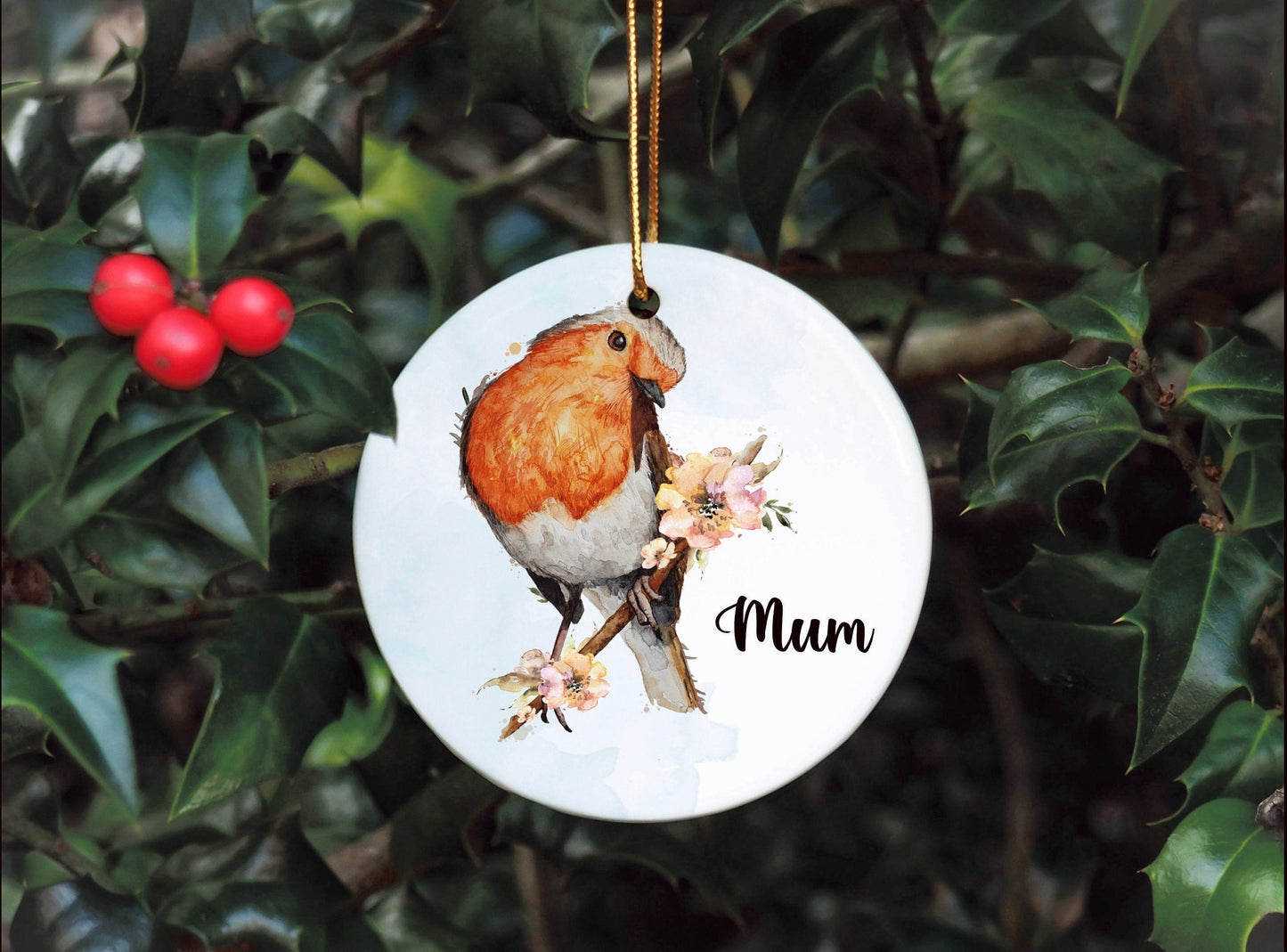 Robin Tree Ornament, Personalised Robin Christmas Tree Bauble, Robin Memorial Tree Decoration