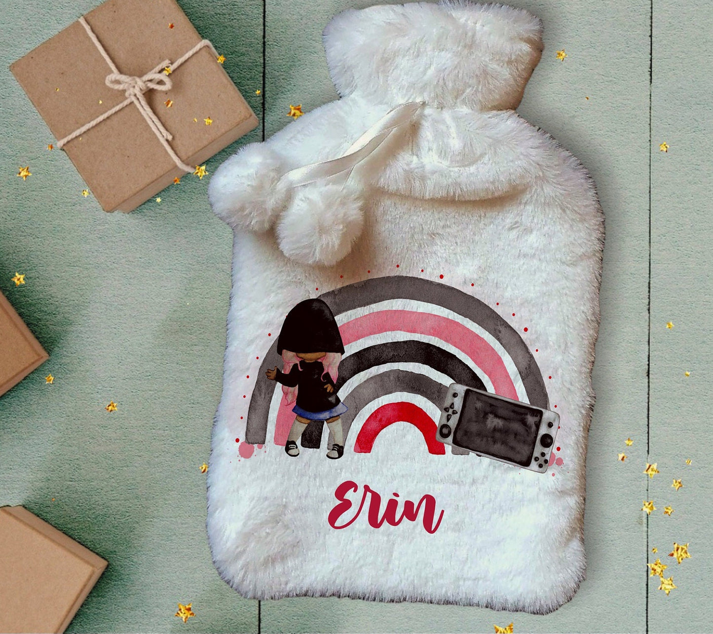 Personalised Hot Water Bottle, Gamer Design Hot Water Bottle, Gaming Rainbow Hot Water Bottle, Teen Gift Idea, Deluxe Fluffy Cover