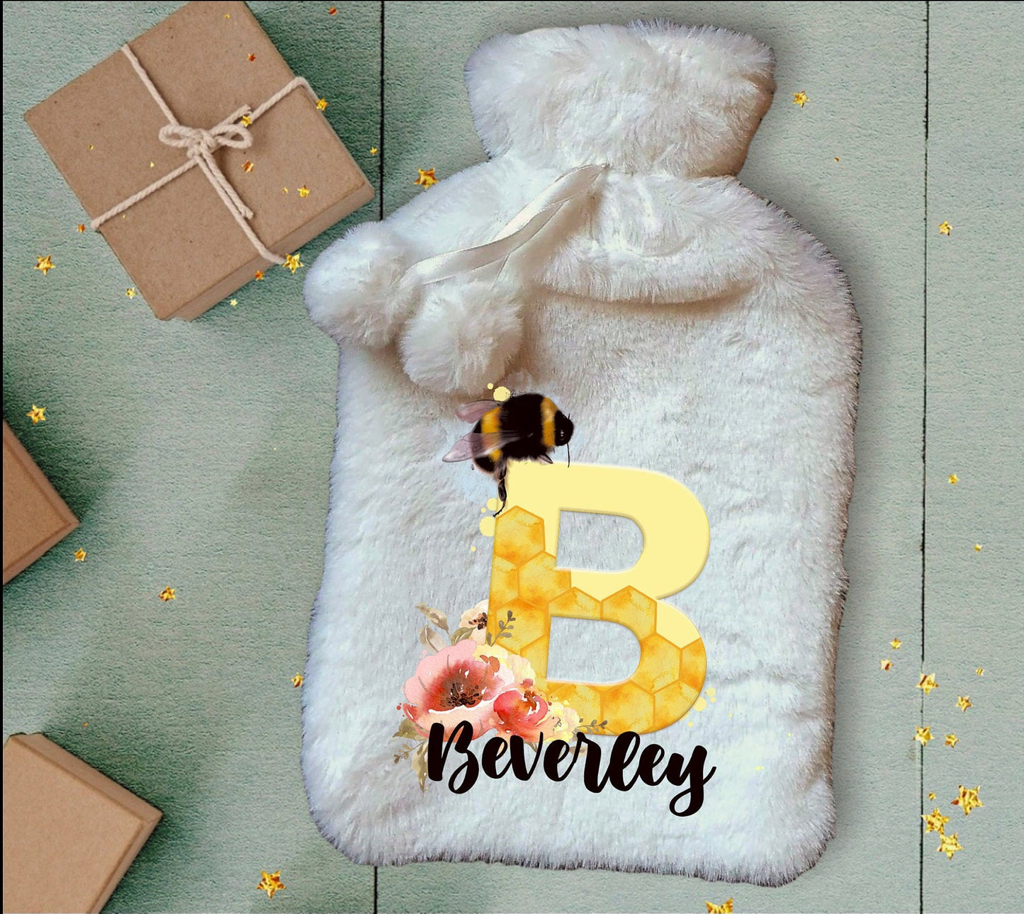 Personalised Hot Water Bottle, Bee Design Hot Water Bottle, Deluxe Fluffy Cover