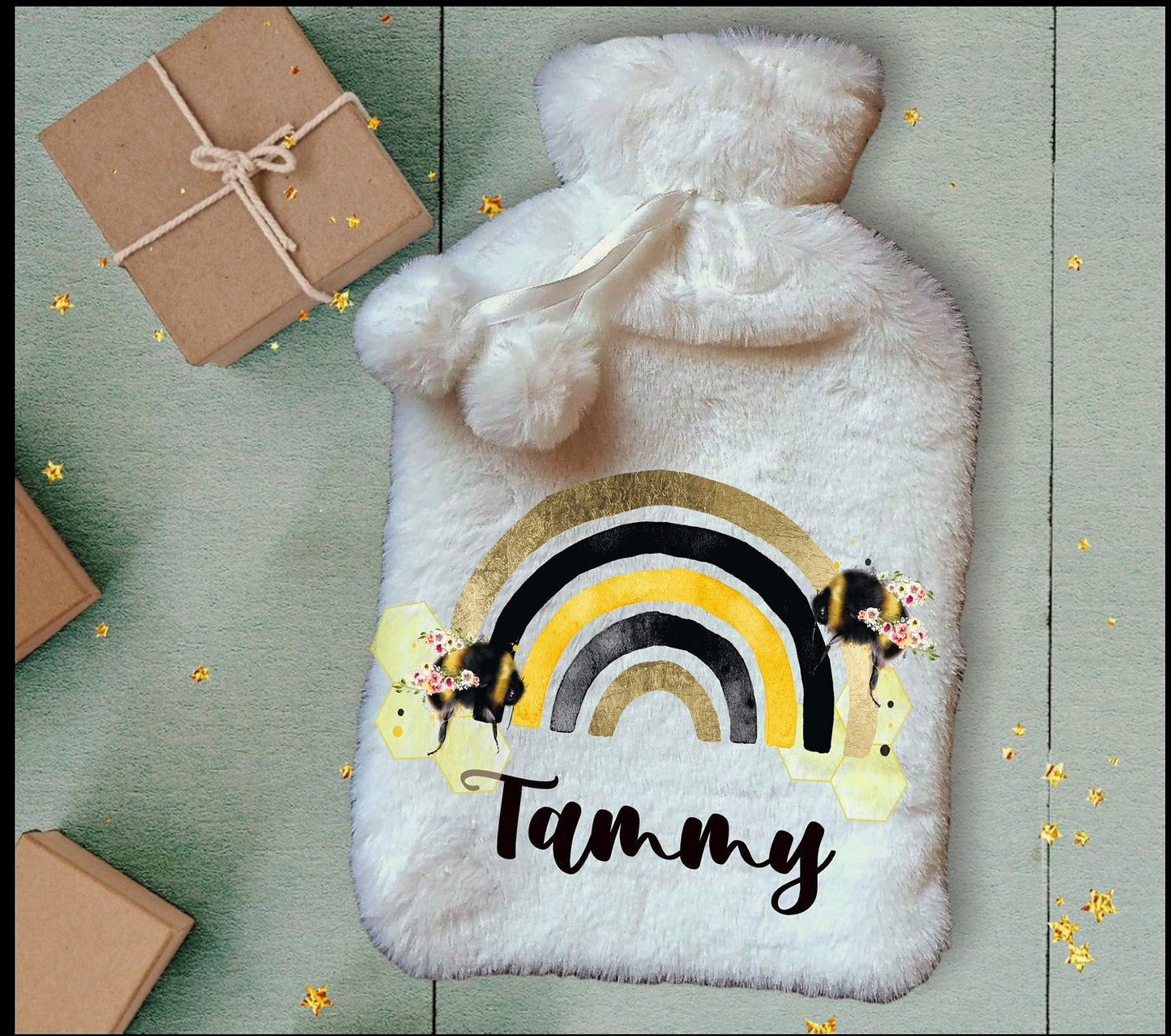 Personalised Hot Water Bottle, Bee Rainbow Design Hot Water Bottle, Personalised Gifts, Deluxe Fluffy Cover