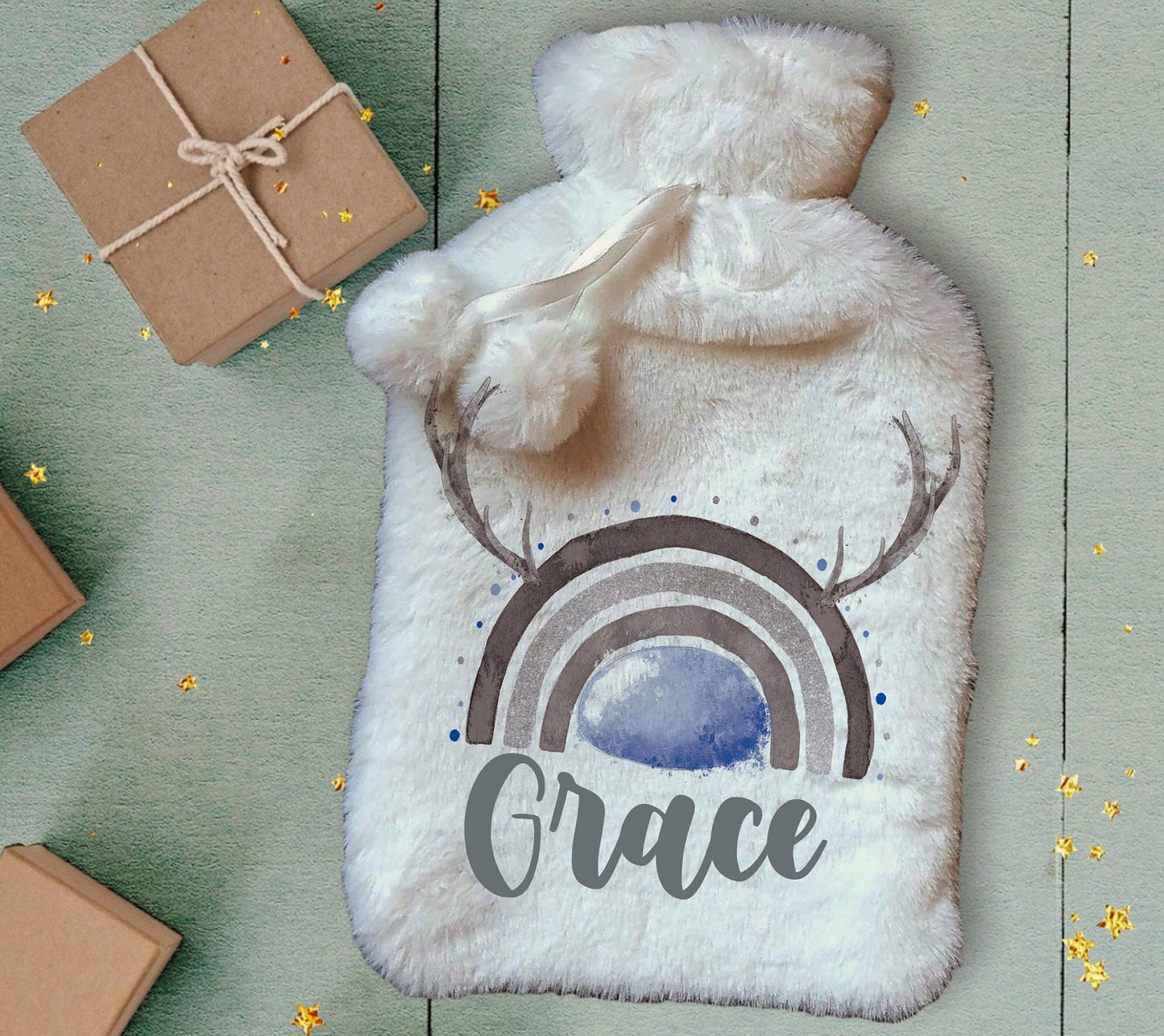 Personalised Hot Water Bottle, Christmas Hot Water Bottle, Christmas Gift Idea, Reindeer Hot Water bottle, Deluxe Fluffy Cover