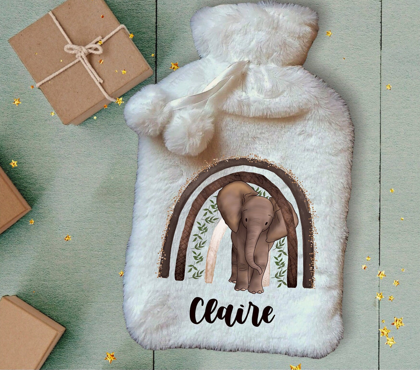 Personalised Hot Water Bottle, Elephant Rainbow Hot Water Bottle, Christmas Gift Idea, Elephant Hot Water bottle, Deluxe Fluffy Cover