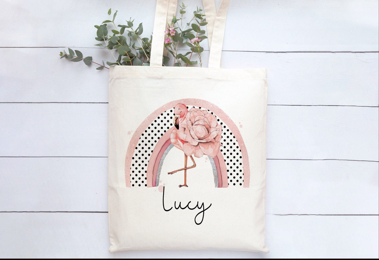 Flamingo Tote Bag, Personalised Flamingo Rainbow Design Tote Bag, Personalised Tote Bag Gift, Personalised Shopping Bag, Secret Santa Gift