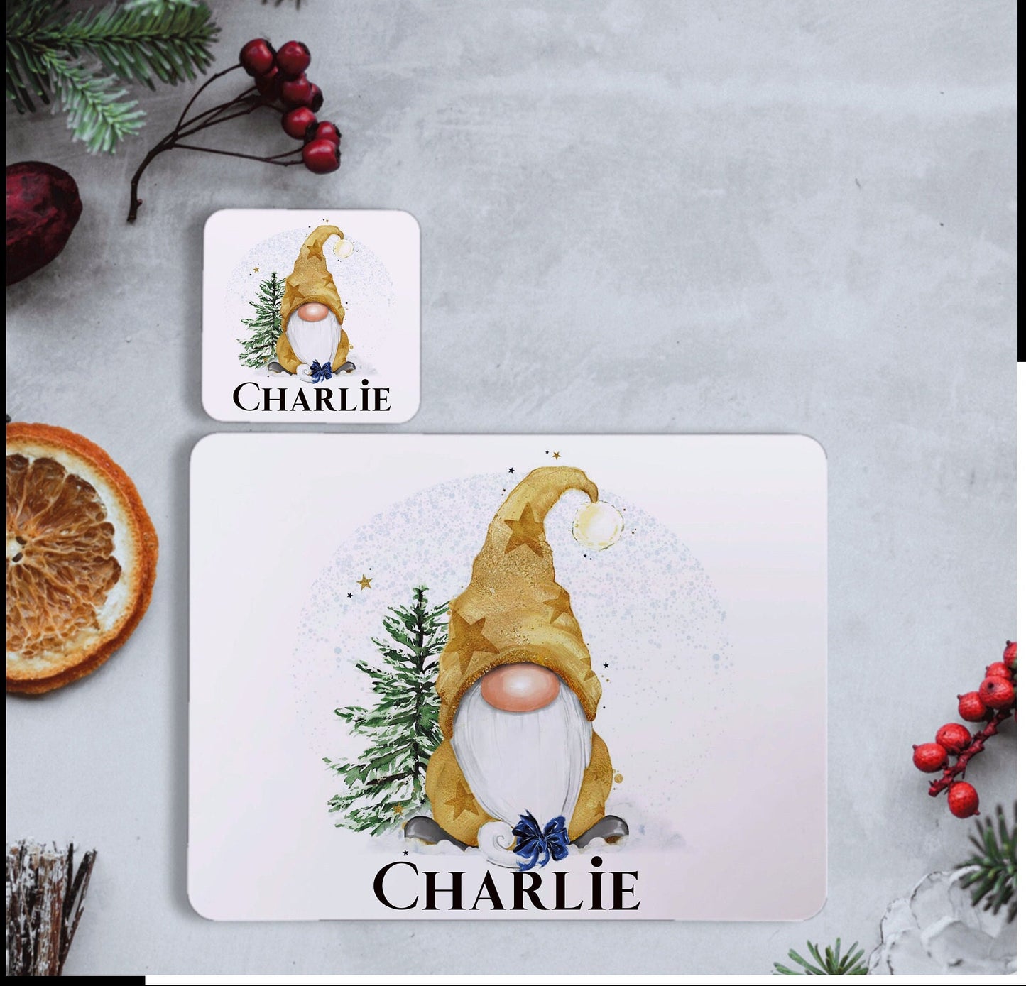 Gonk Christmas Placemat and Coaster Set, Personalised Christmas Gnome Placemat, Christmas Gnome Placemat And Coaster