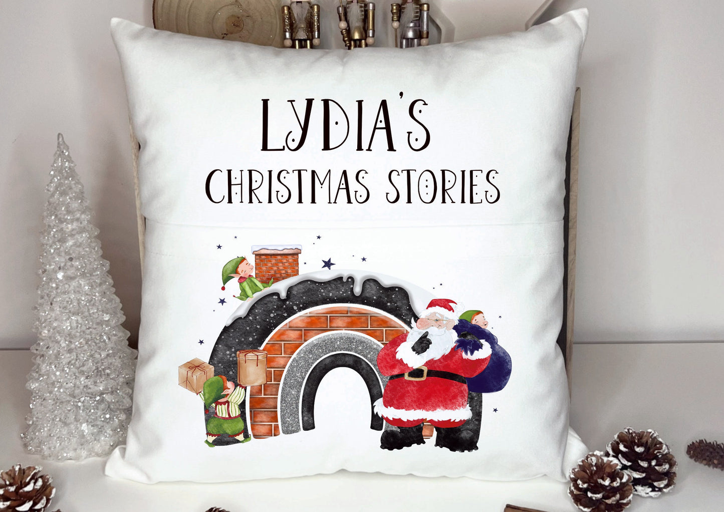 Christmas Book Cushion, Personalised Book Cushion, Christmas Stories Book Cushion, Santa Chimney Rainbow