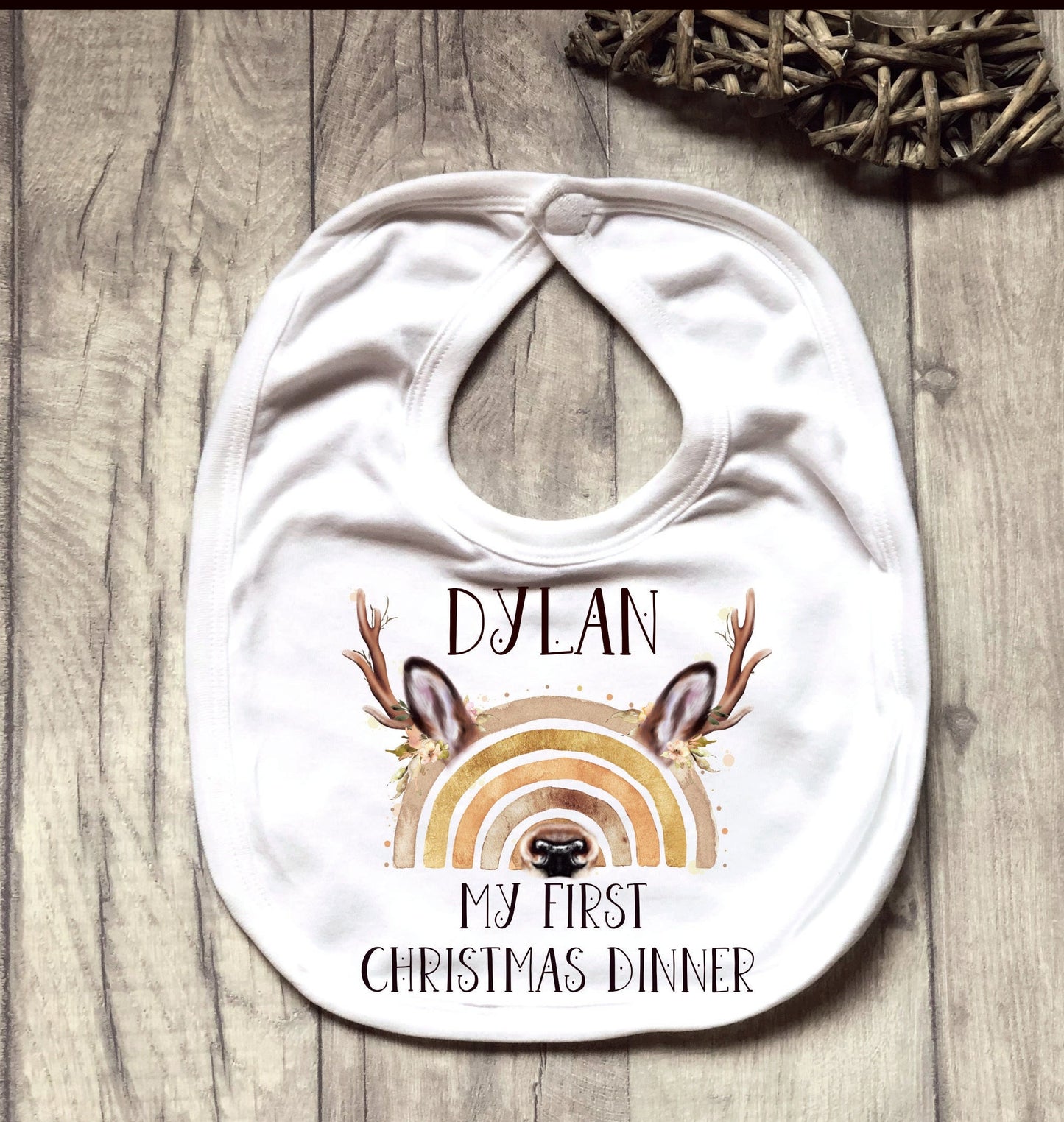 Personalised Babies 1st Xmas Dinner Bib, My First Christmas Dinner Bib, Baby's First Xmas Dinner Bib, Reindeer Rainbow Christmas Dinner Bib