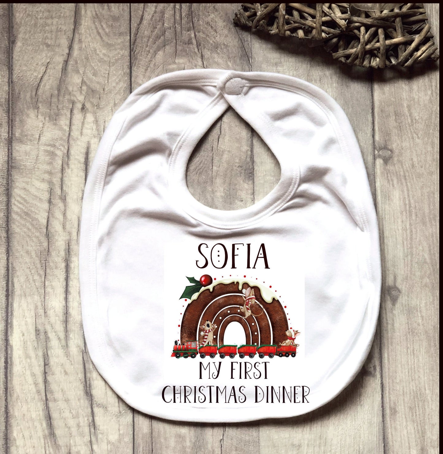 Personalised Babies 1st Xmas Dinner Bib, My First Christmas Dinner Bib, Baby's First Xmas Dinner Bib, Reindeer Rainbow Christmas Dinner Bib