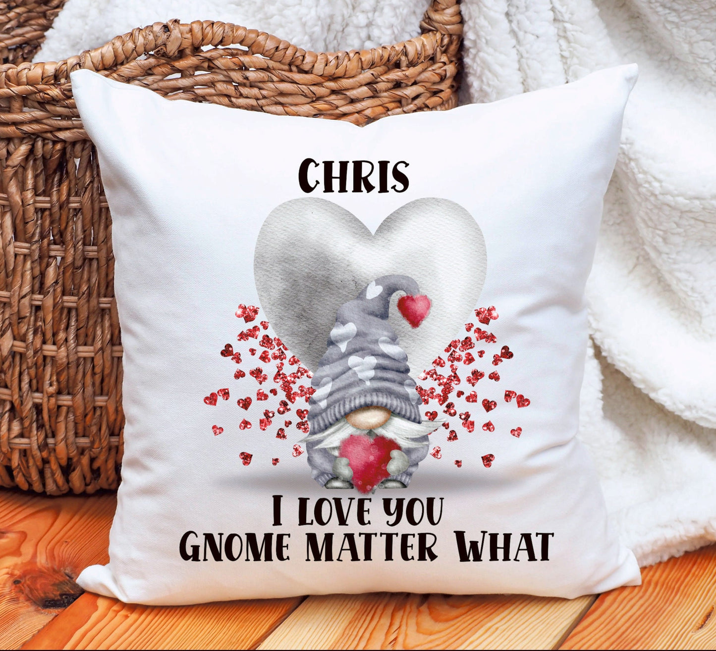 Gnome Valentine Cushion Gift, Personalised Gnome Cushion, Gift For Him, Gift For Her, St Dwynwen's Day Gift, Personalised Gonk Cushion Gift