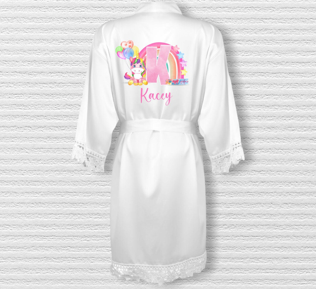 Kids Personalised Dressing Gown, Children's Satin Robe, Unicorn Satin Robe