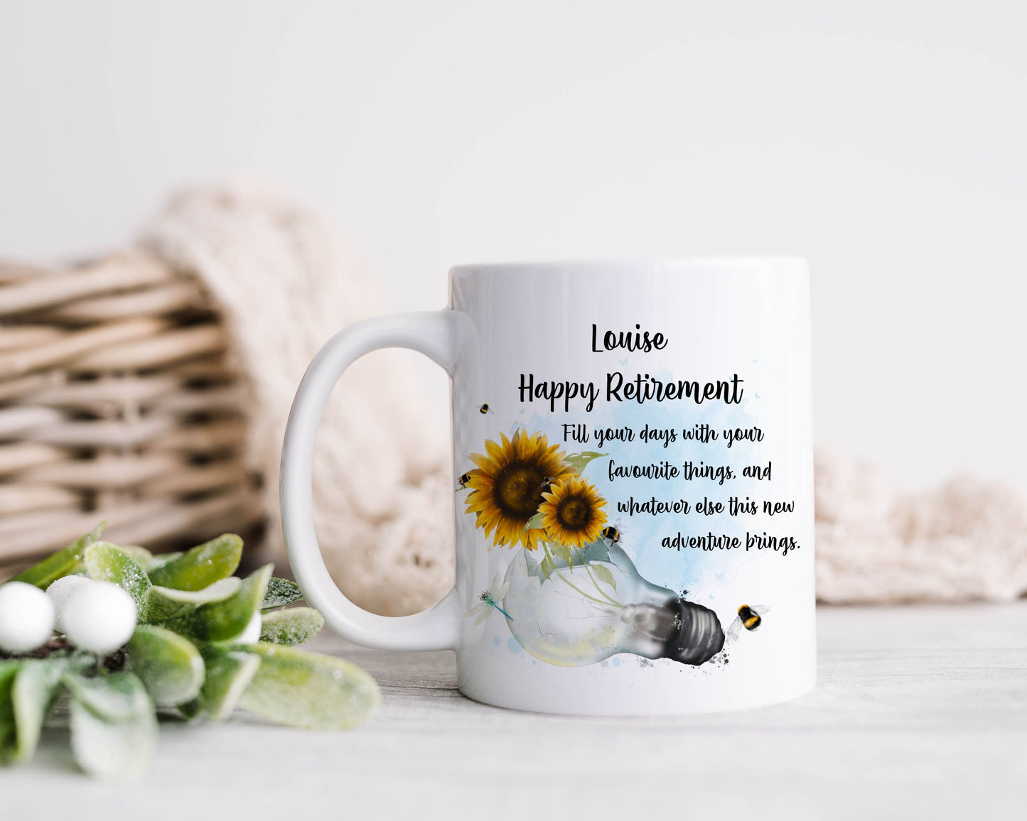 Personalised Retirement Mug, Sunflower Mug, Retirement Leaving Gift, Good Luck On Your Retirement Gift, Colleague Leaving Gift