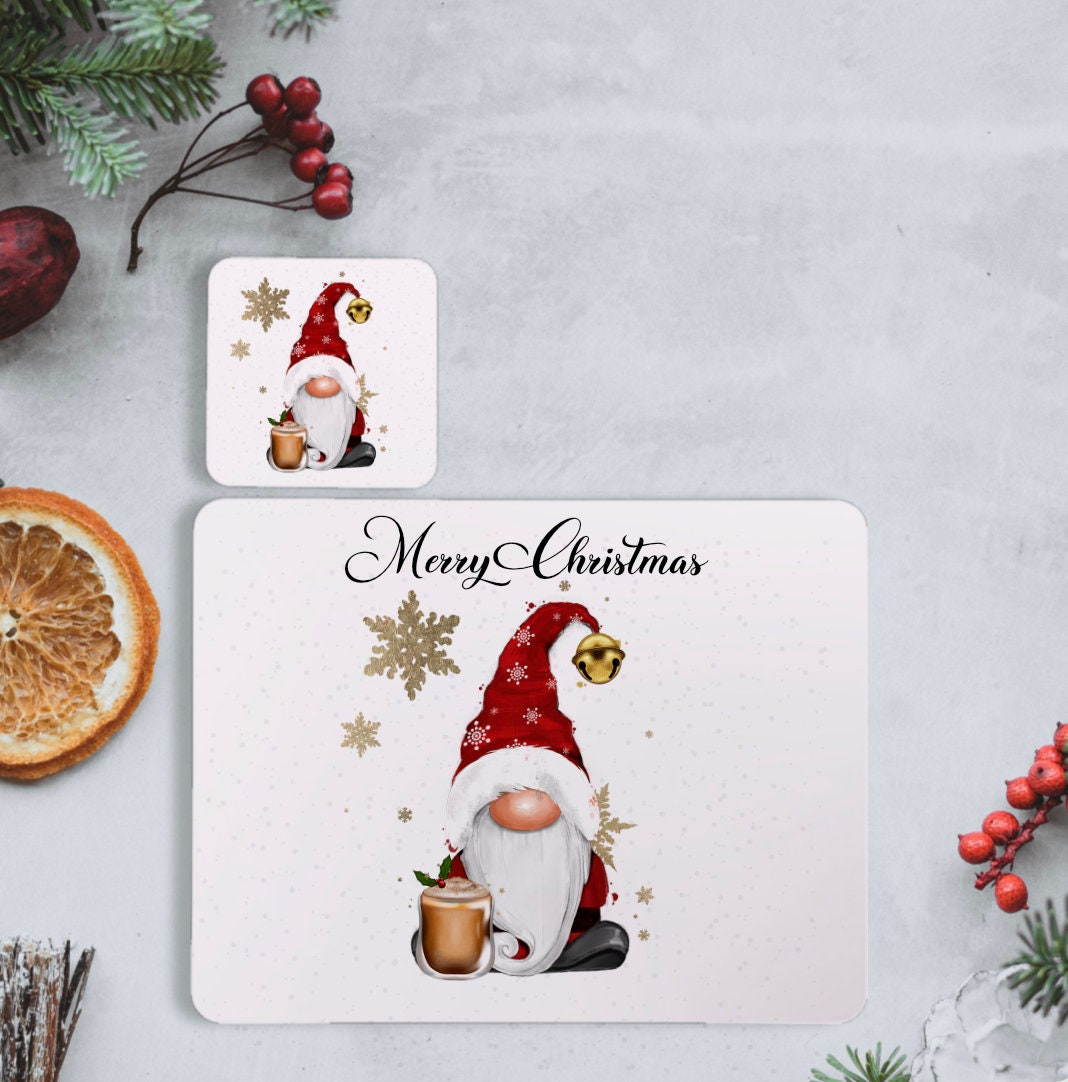 Gonk Christmas Placemat and Coaster Set, Personalised Christmas Gnome Placemat, Christmas Gnome Placemat And Coaster
