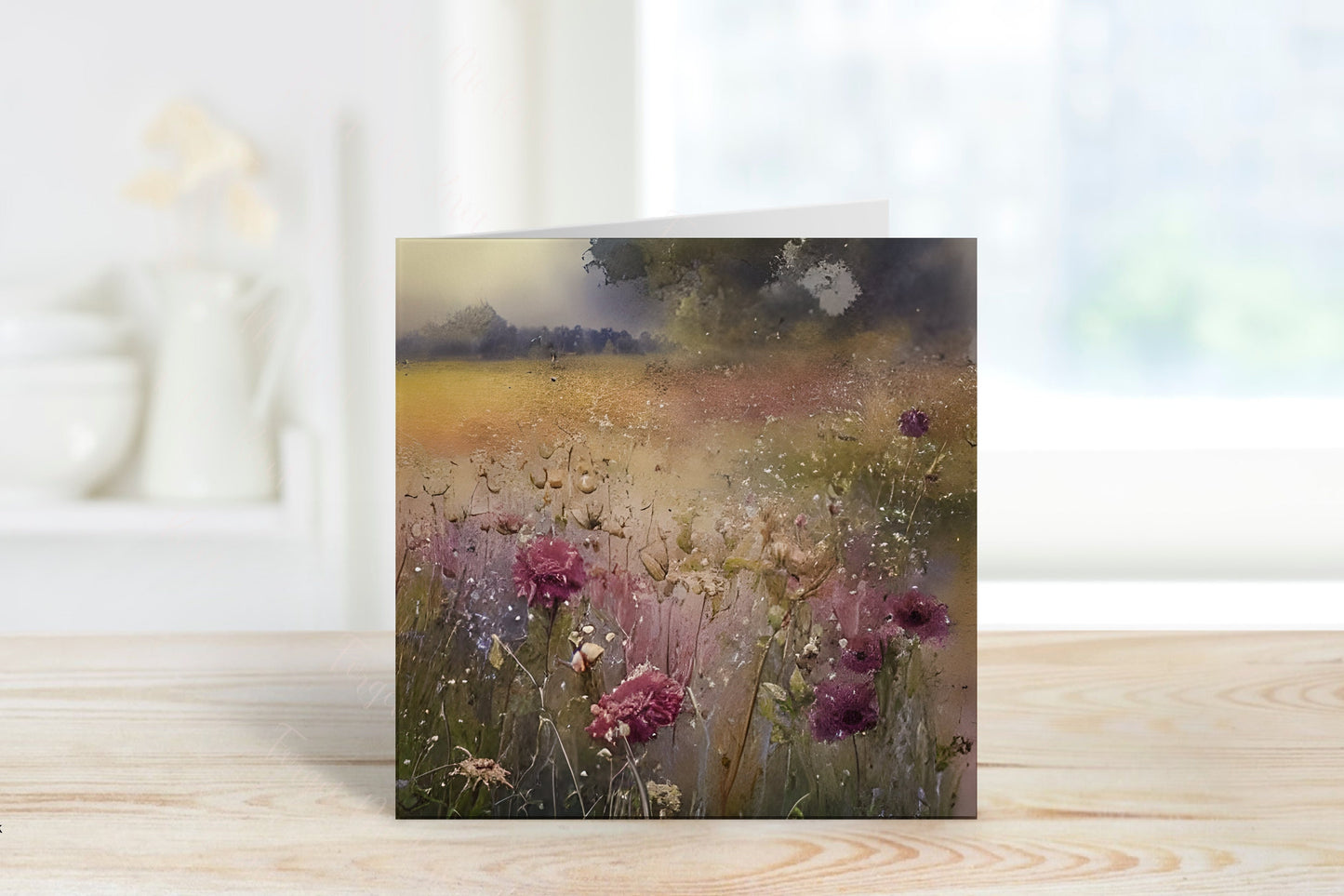 Blank Card, Watercolour Of Flower Field Greeting Card, Blank Greeting Card