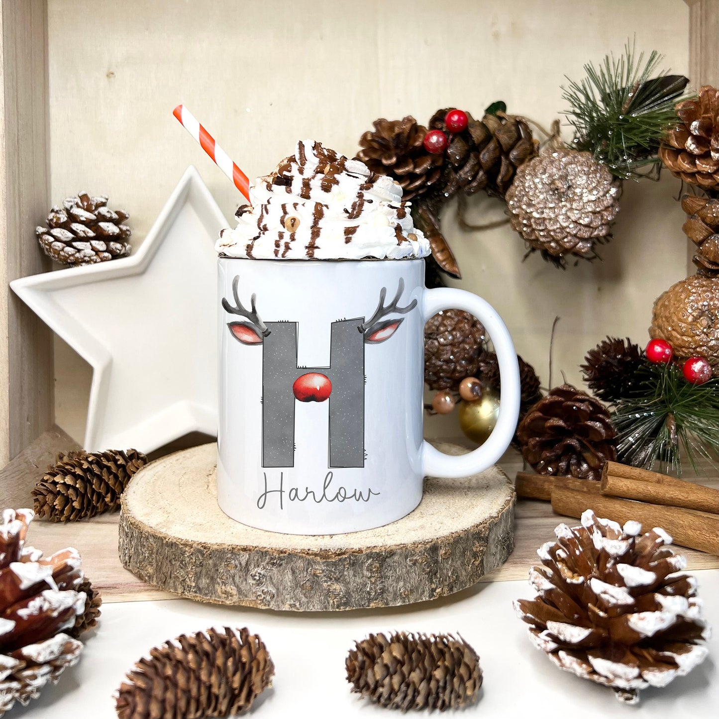 Xmas Mugs, Personalised Reindeer Christmas Mug. Movie Mug, Stocking Filler, Secret Santa Gift