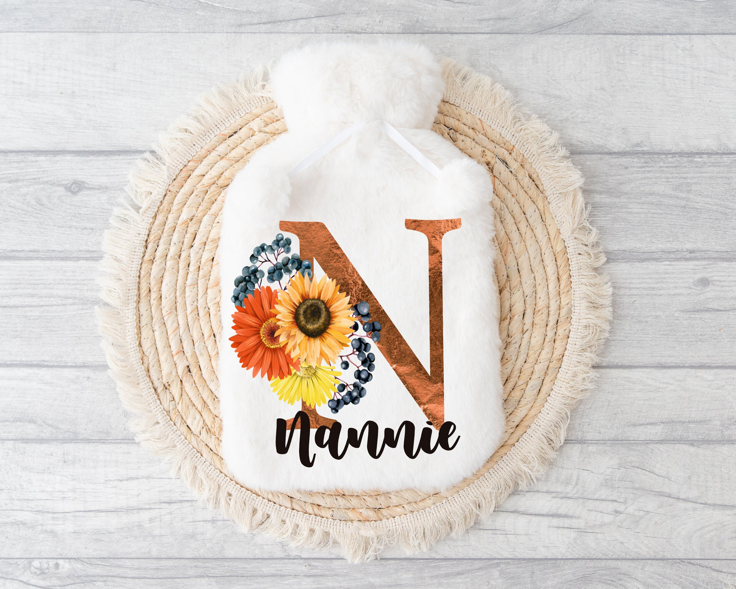 Hot Water Bottle, Nannie Gift, Personalised Hot Water Bottle, Christmas Gift For Grandma, Christmas Gift For Friend, Autumn Flower Initial
