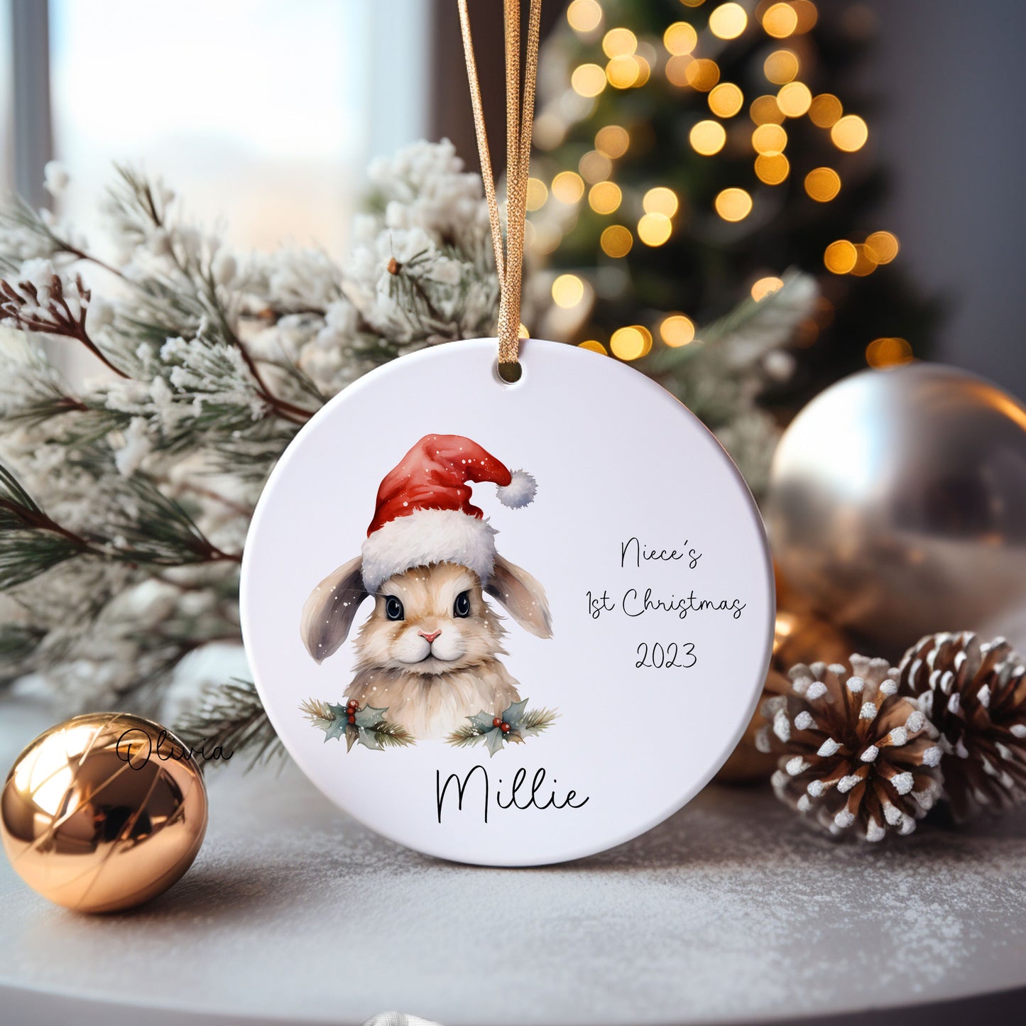 Granddaughter's First Christmas Bauble, Personalised Bunny Rabbit Christmas Tree Decoration, Grandson Bauble, 1st Xmas 24, Christmas in July