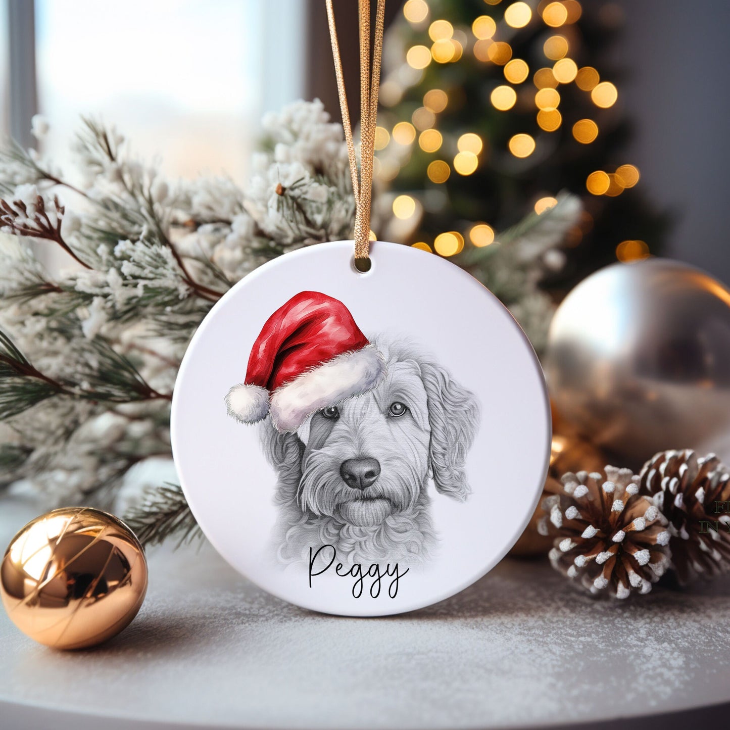 Labradoodle Bauble, Personalised Pet Dog Christmas Tree Decoration, Gift For Dog Family, Dog Lover, Santa Dog Bauble