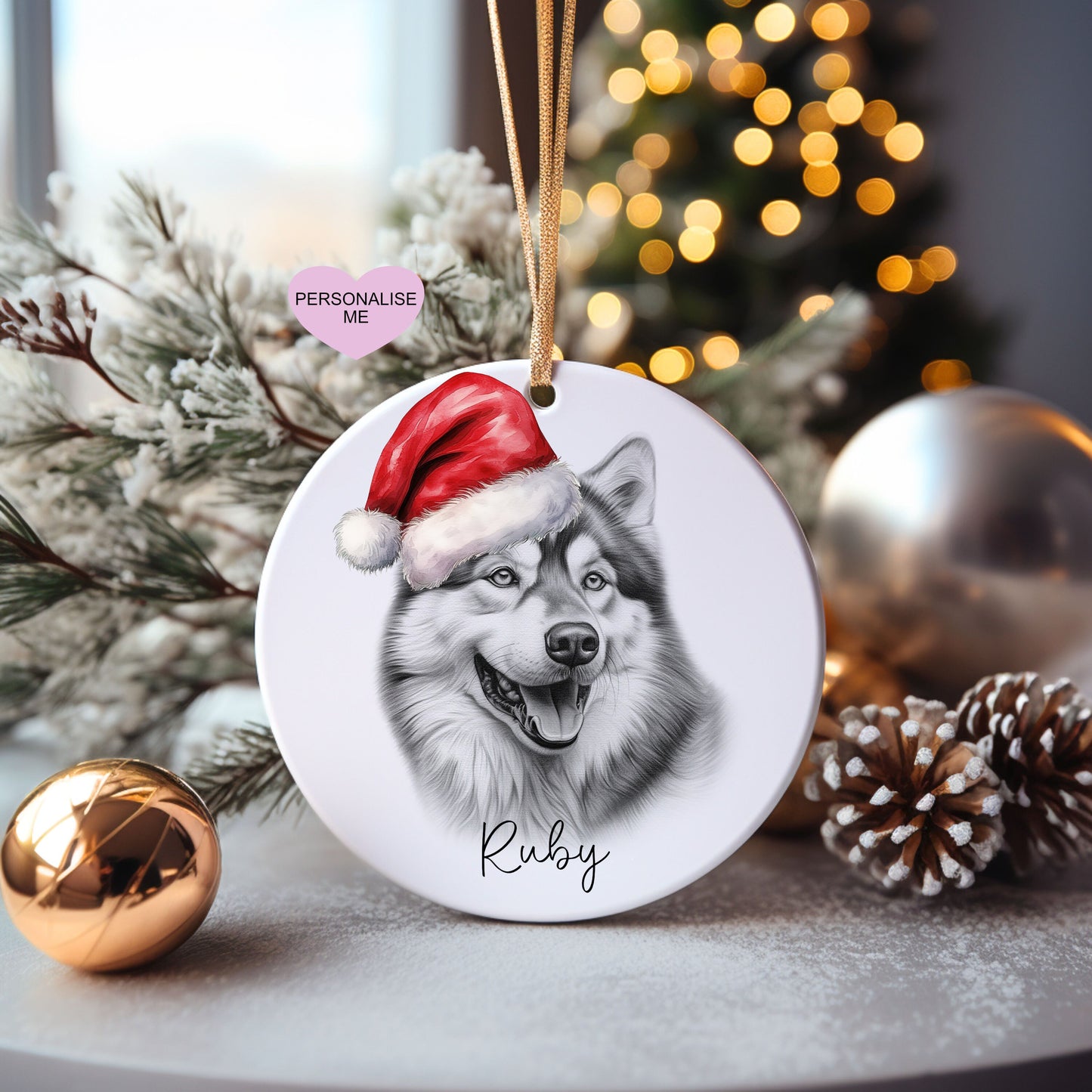 Alaskan Malamute Christmas Bauble, Personalised Pet Dog Christmas Tree Decoration, Gift For Dog Family, Dog Lover, Santa Dog Bauble