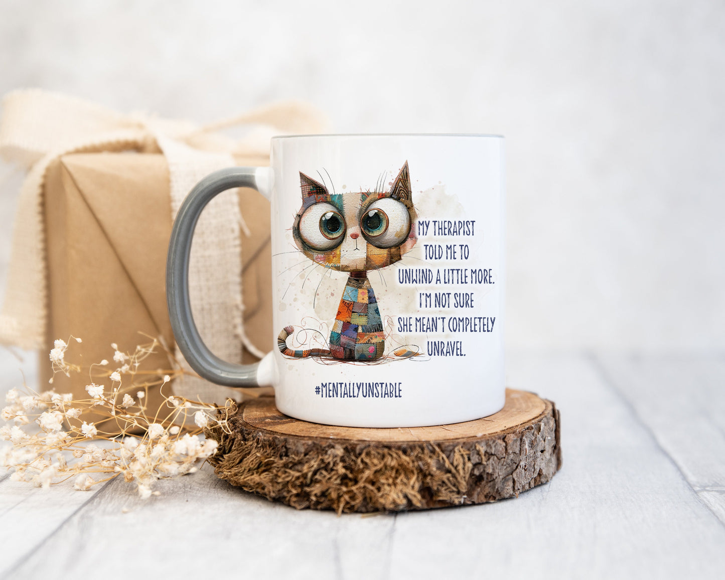Quirky Cat Mug, Mentally Unstable Mug Gift Set, Quirky Cat Unravelled Mug, Personalised Mug