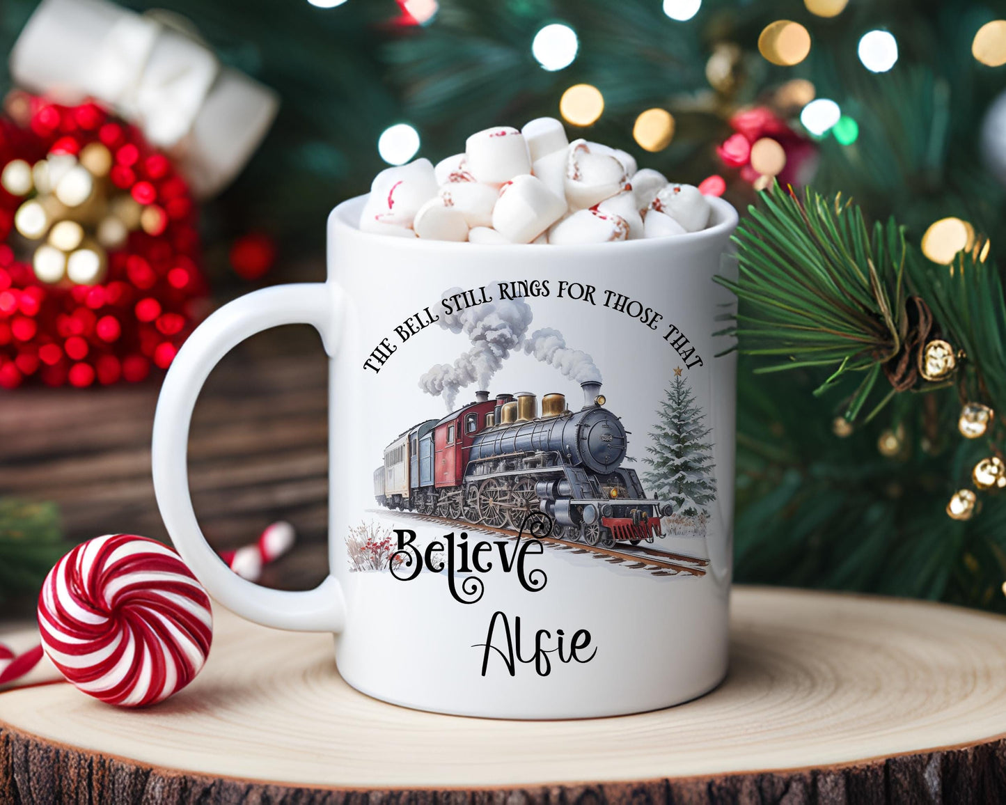 Personalised Polar Express Mug, Believe In Christmas Mug, North Pole, Santa Mug, Father Christmas Mug, Steam Train Xmas Mug