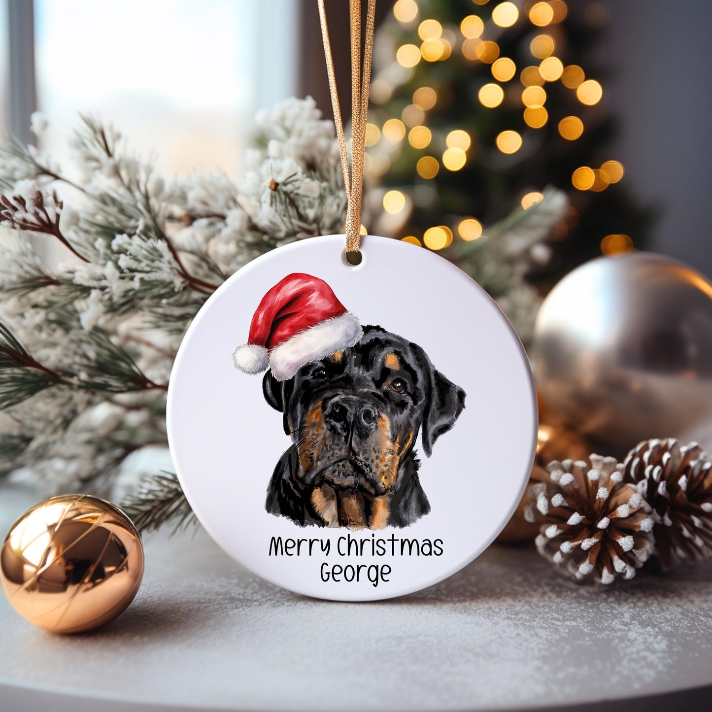 Rottweiler Christmas Bauble, Personalised Pet Dog Christmas Tree Decoration, Gift For Dog Family, Dog Lover, Santa Dog Bauble