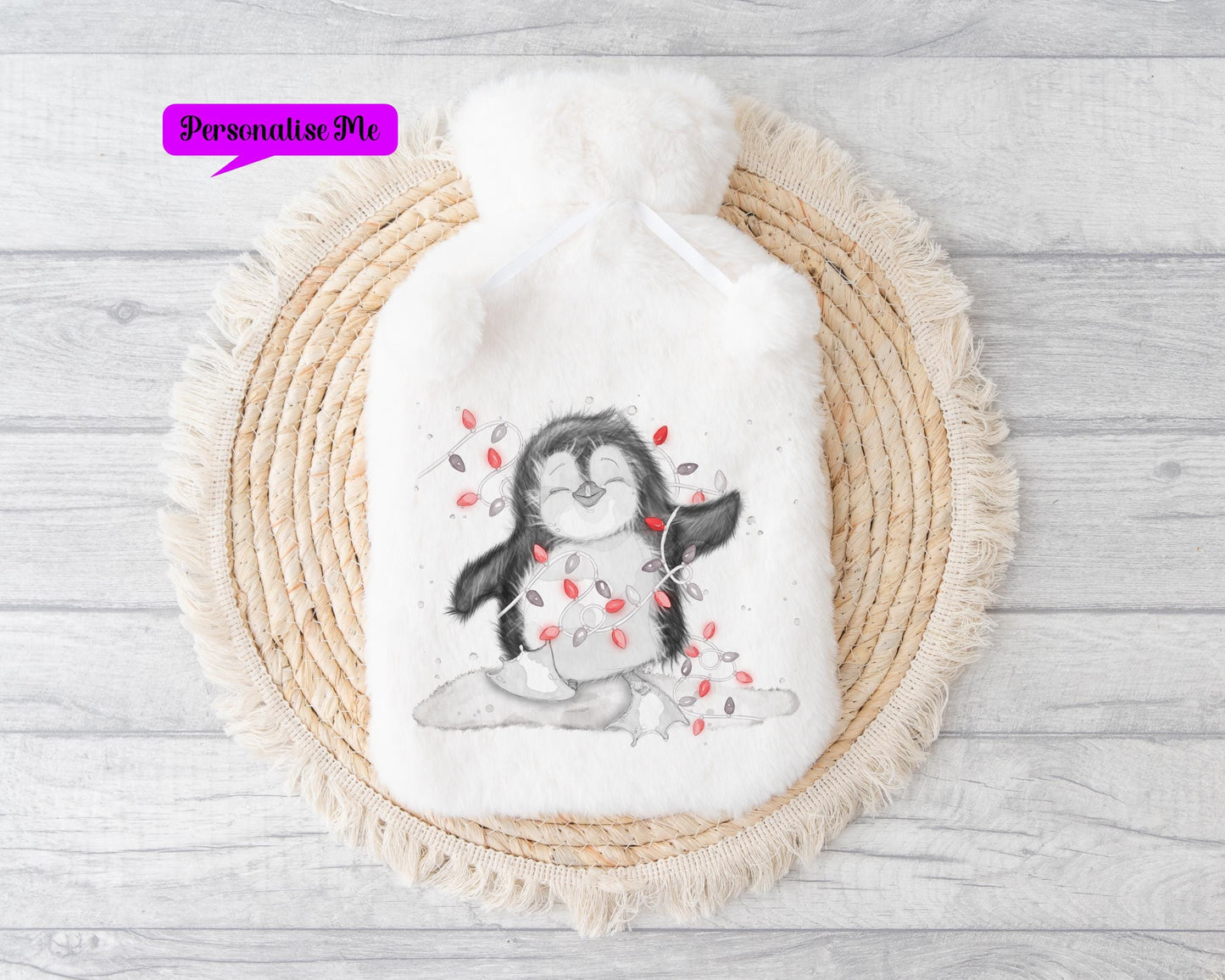 Personalised Hot Water Bottle, Penguin Design Hot Water Bottle, Christmas Gift, Gift For Grandson, Gift For Granddaughter
