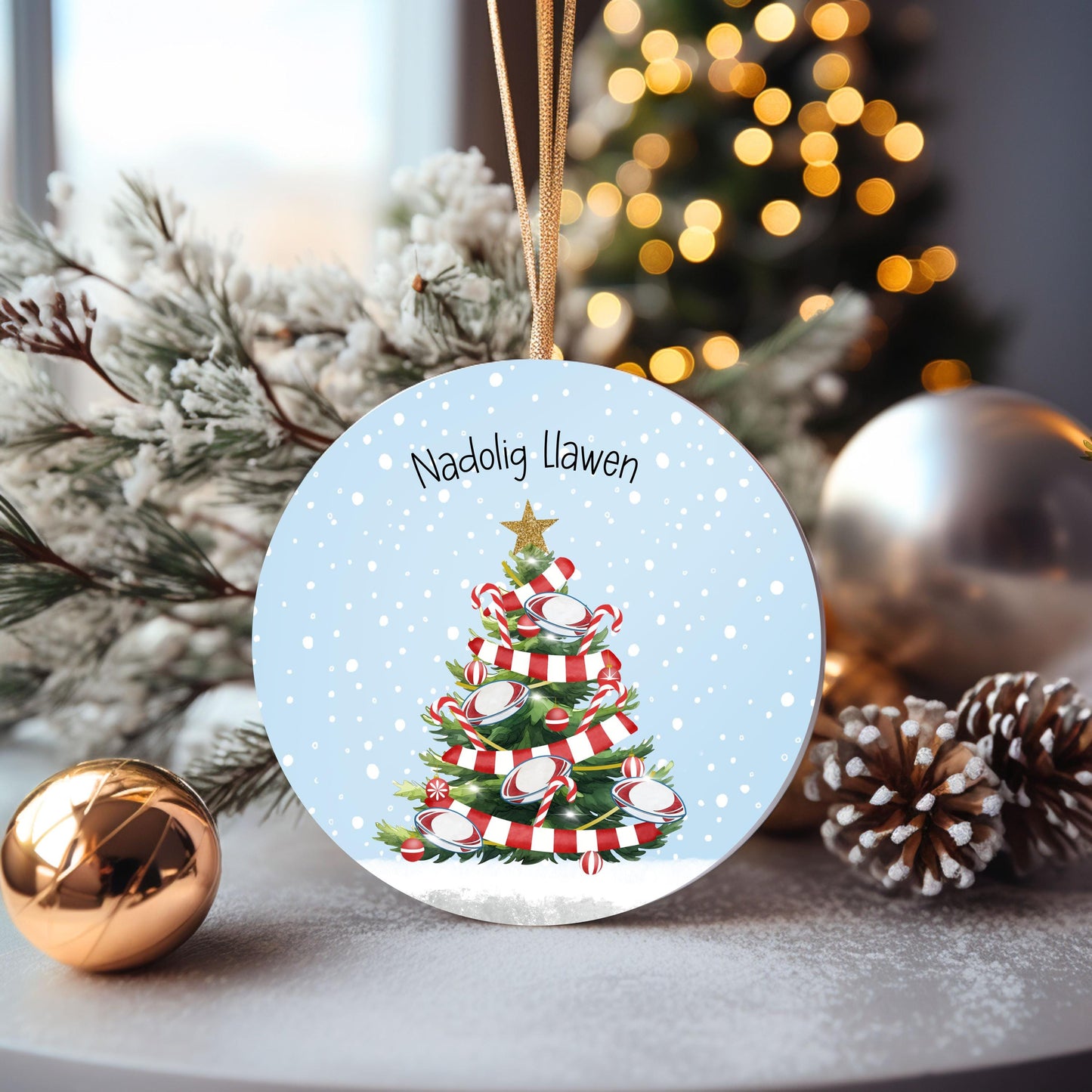 Welsh Rugby Christmas Tree Decoration, Nadolig Llawen Personalised Rugby Christmas Tree Bauble, Sports Christmas Decoration