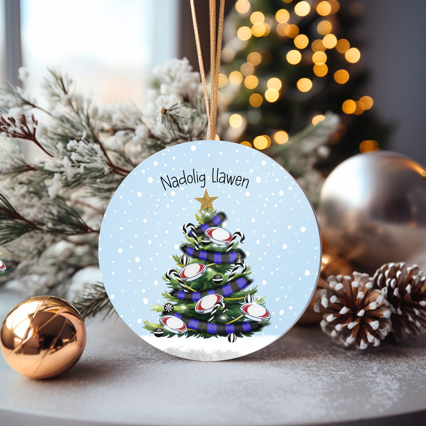 Welsh Rugby Christmas Tree Decoration, Nadolig Llawen Personalised Rugby Christmas Tree Bauble, Sports Christmas Decoration