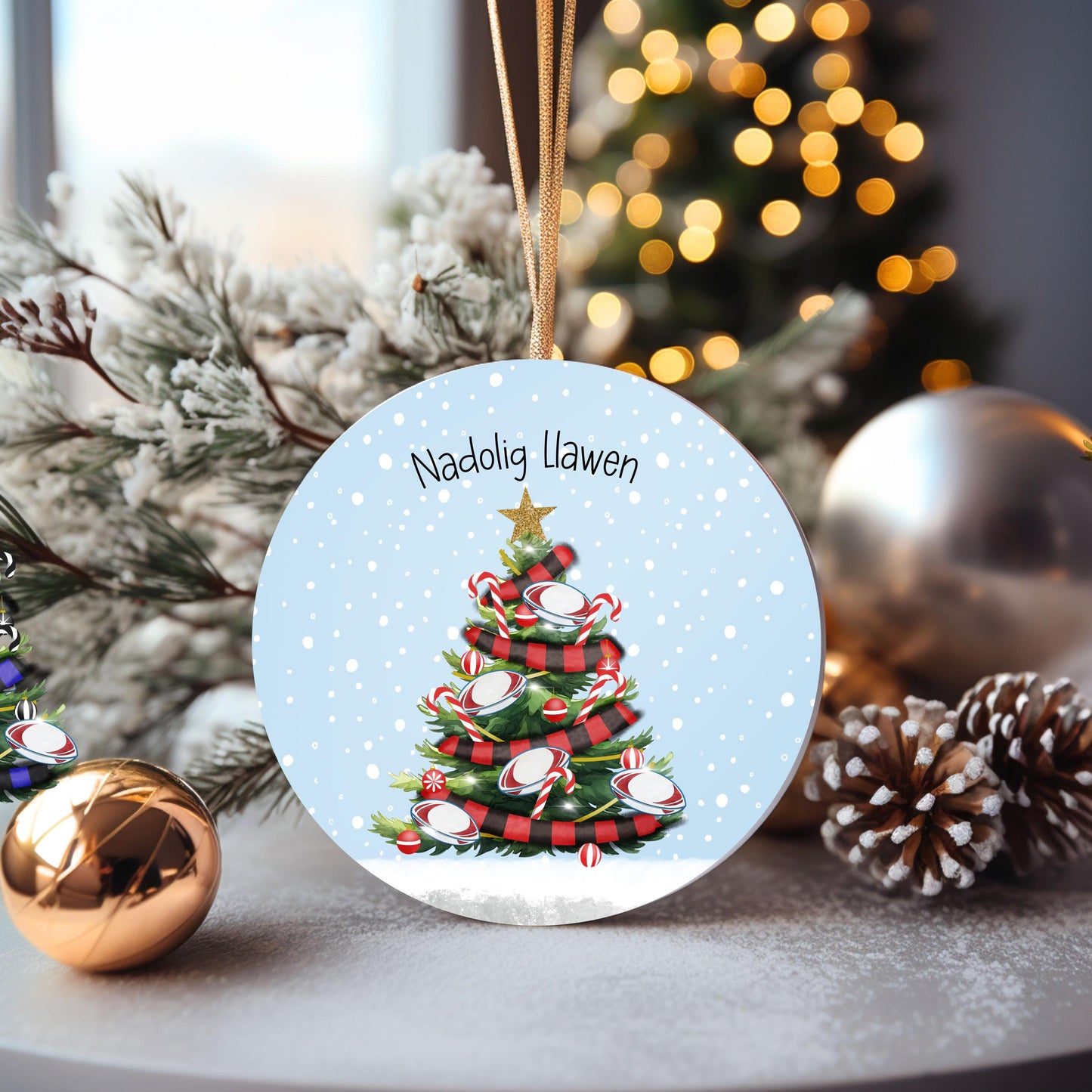 Welsh Rugby Christmas Tree Decoration, Nadolig Llawen Personalised Rugby Christmas Tree Bauble, Sports Christmas Decoration