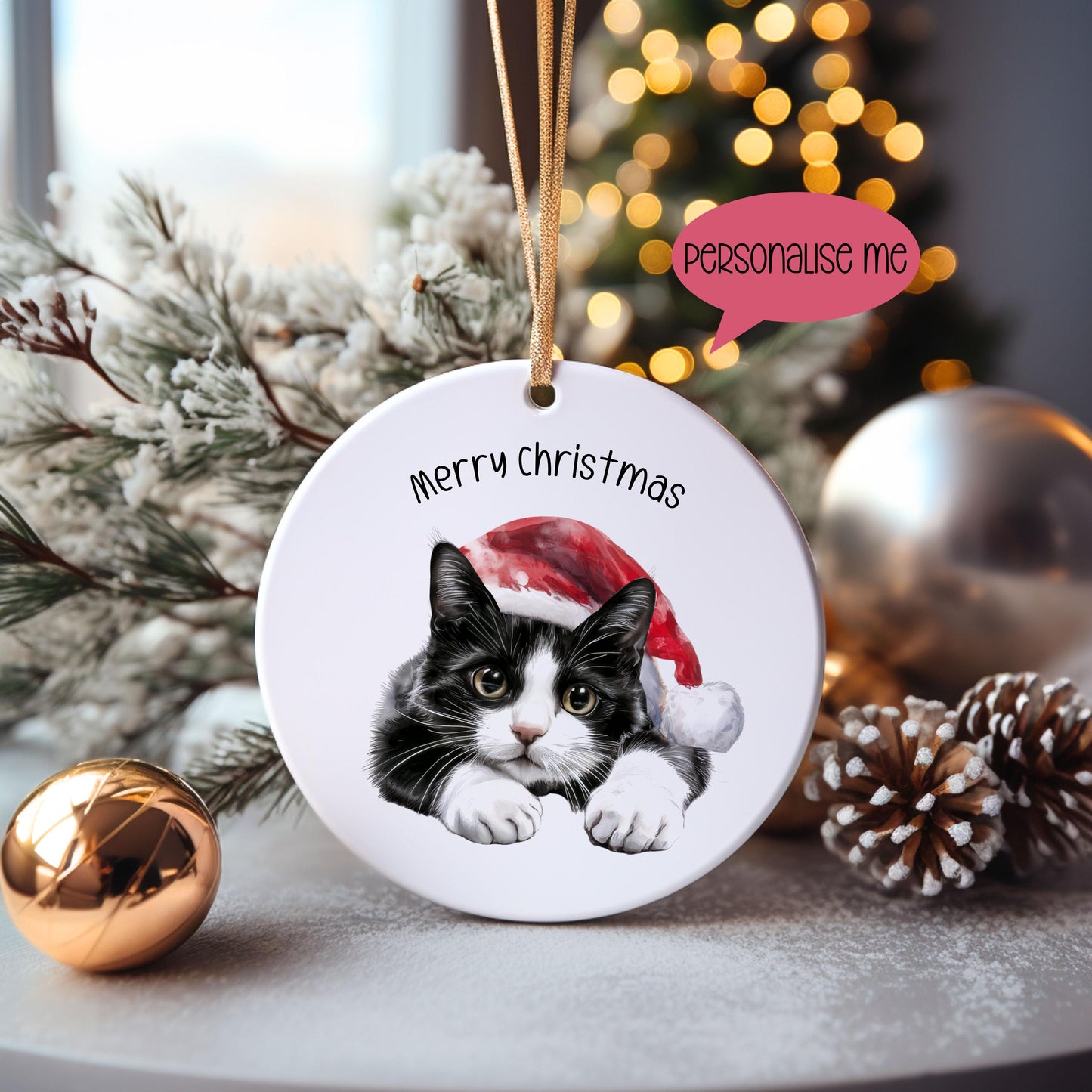 Black & White Cat Bauble, Personalised Cat Christmas Tree Decoration, Moggy Xmas Ornament
