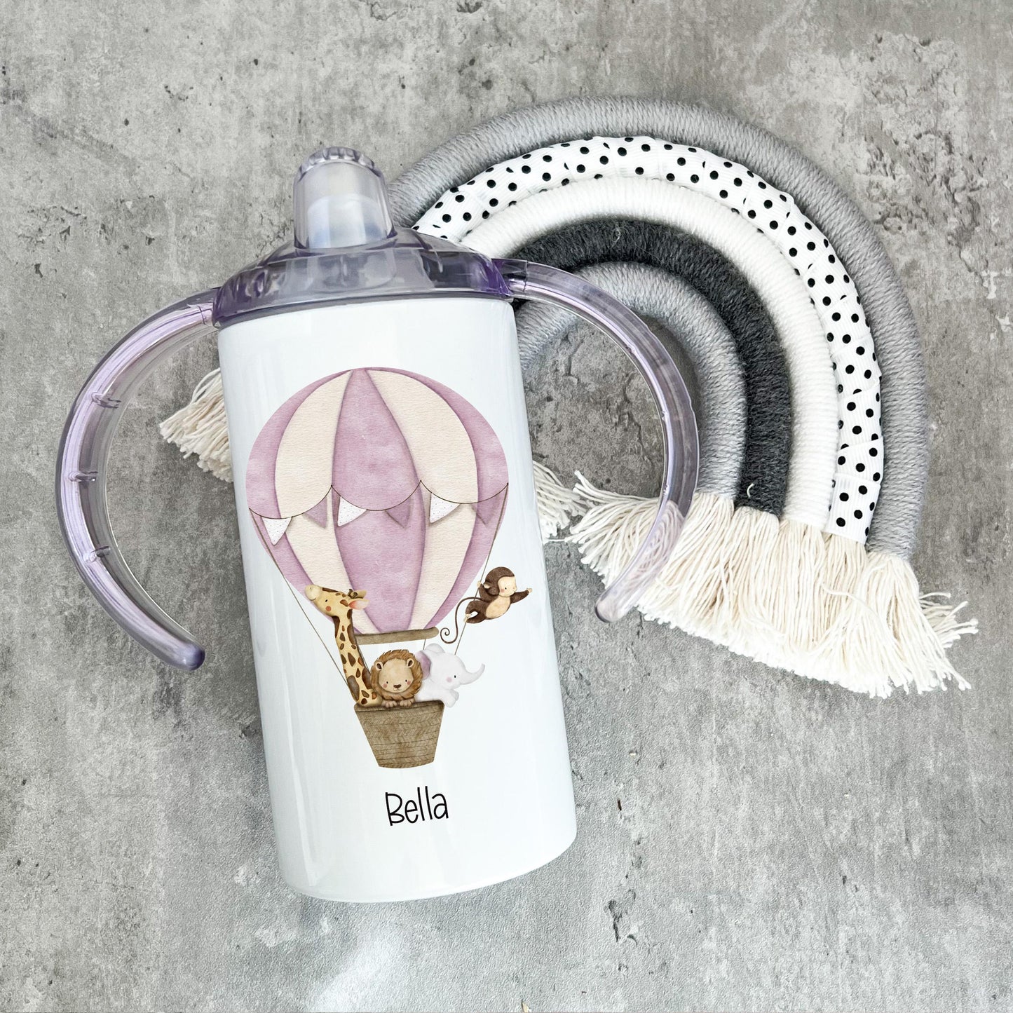 Personalised Hot Air Balloon With Safari Animals Sippy Cup, Safari Animal Gifts, Kids Beaker, Sippy Cup With Handles, Tumbler