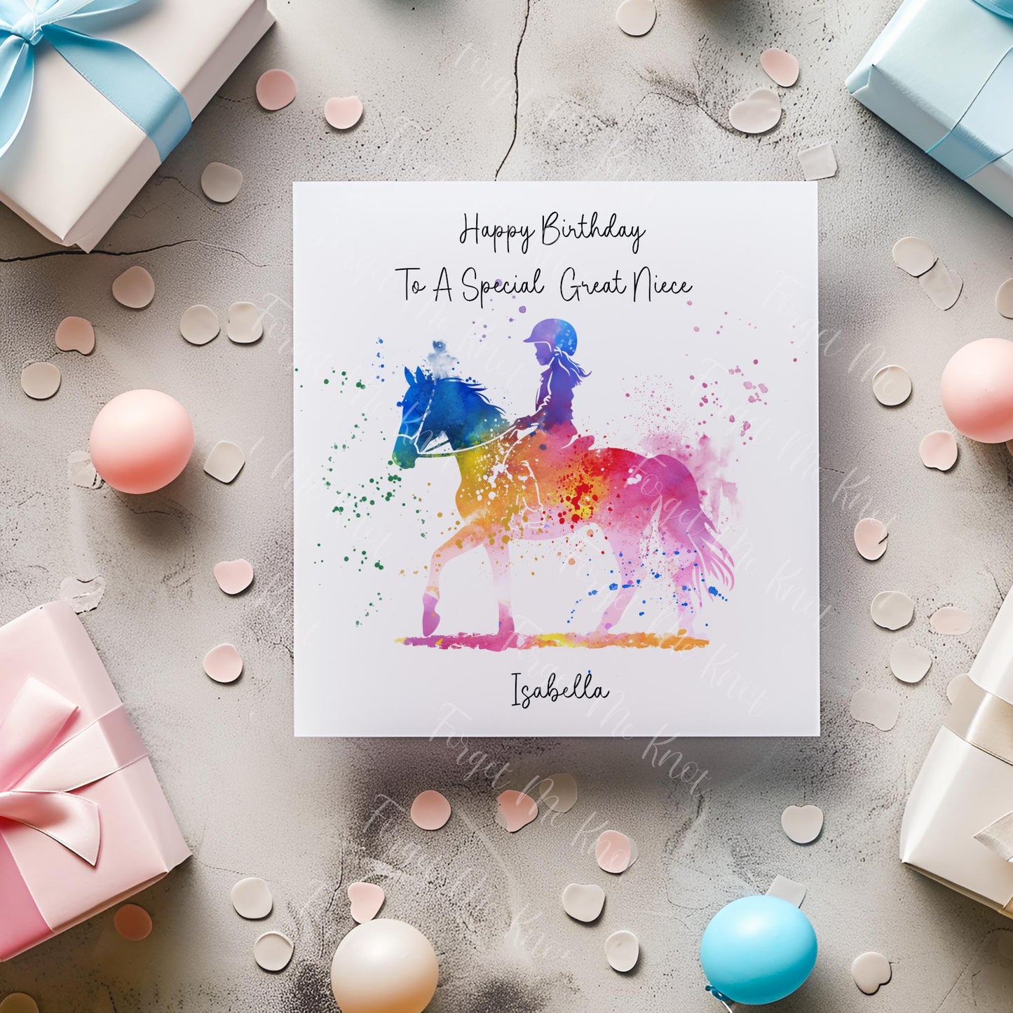 Great Granddaughter Birthday Card – Girl on a Horse – Personalised Horse Birthday Card – Luxury Linen Card – Made in UK