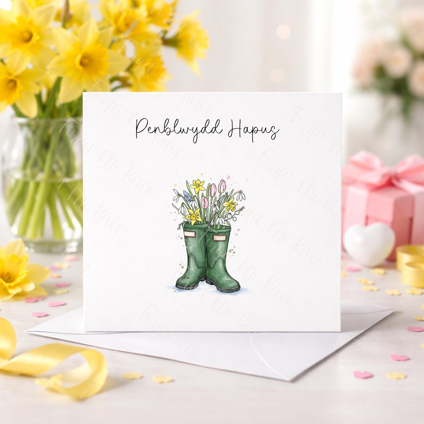 Welsh Birthday Card for Mam Nain – Cerdyn Penblwydd Cymraeg – Welly Boot Spring Flowers Card – Personalised Birthday Card Wales