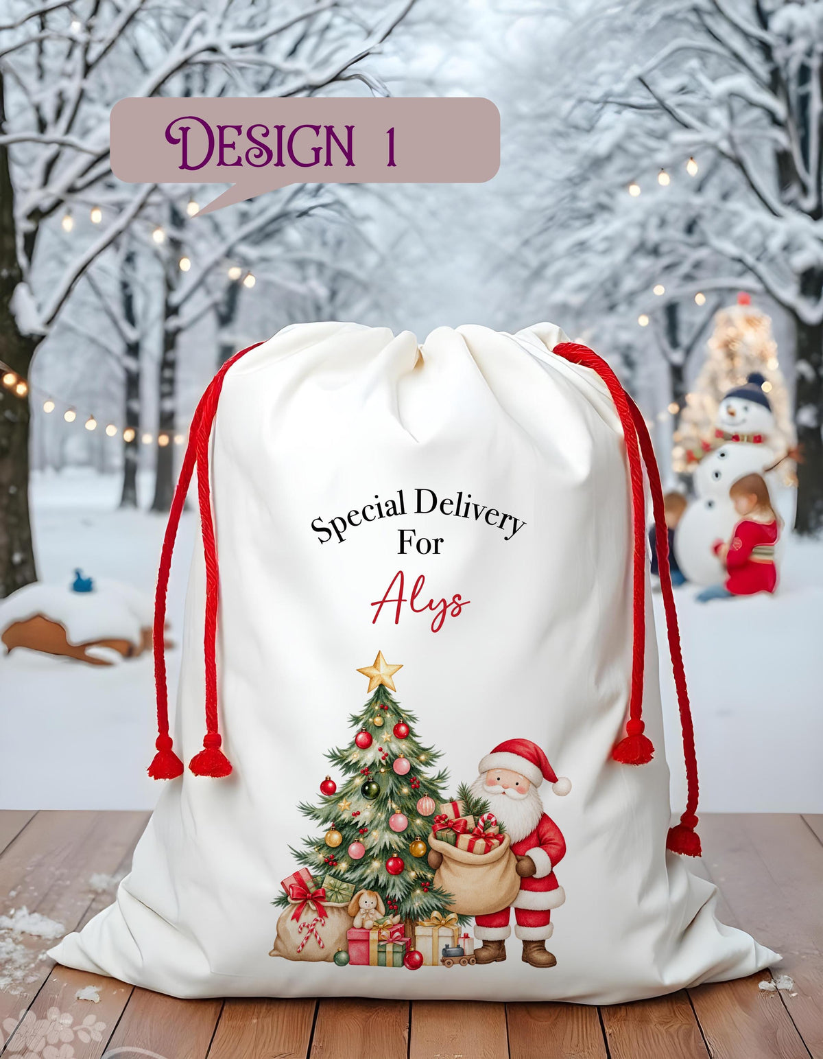 Personalised Christmas Santa Sack | Santa & Christmas Tree Design | Luxury Christmas Eve Gift Sack | Personalised Kids Xmas Sack