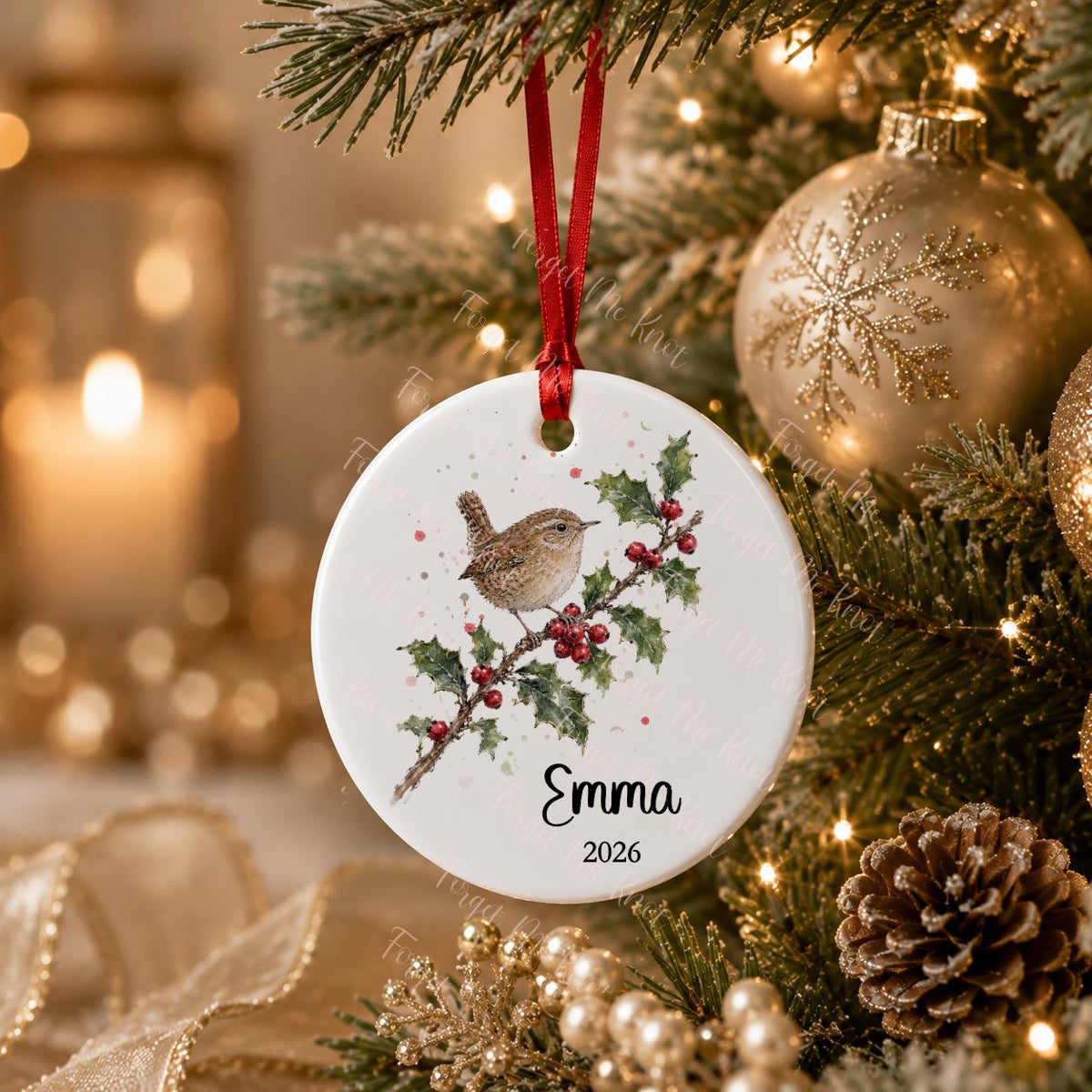 Owl Christmas Ornament, Personalised Countryside Wildlife Tree Bauble, Flat Xmas Tree Decoration