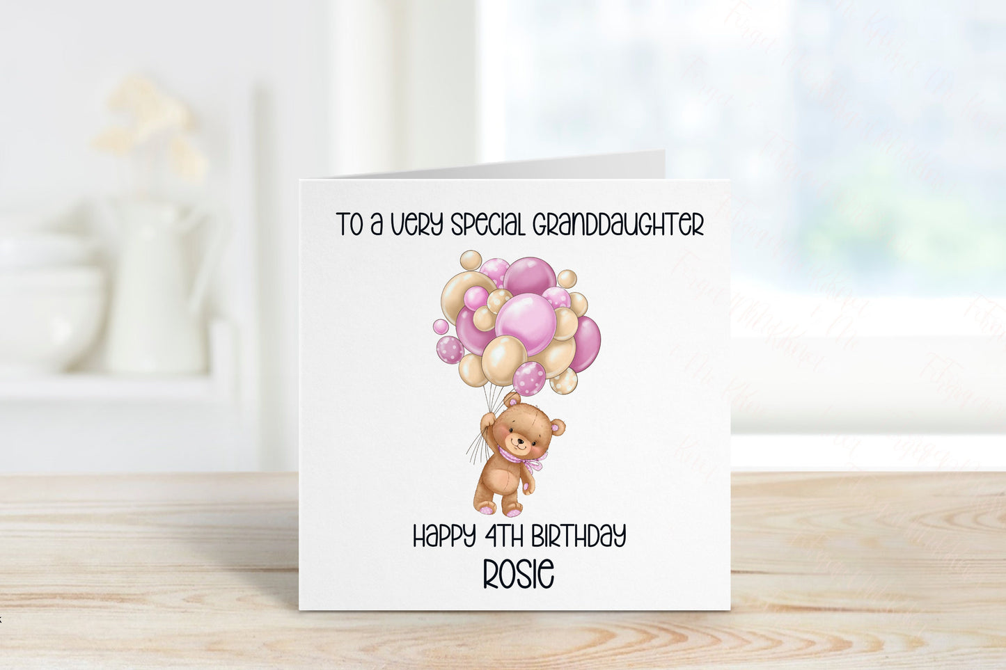 Personalised Great Granddaughter Birthday Card, Bear And Balloons Card, Any Age, 1st, 2nd, 3rd, 4th, Great Granddaughter 1st Birthday Card
