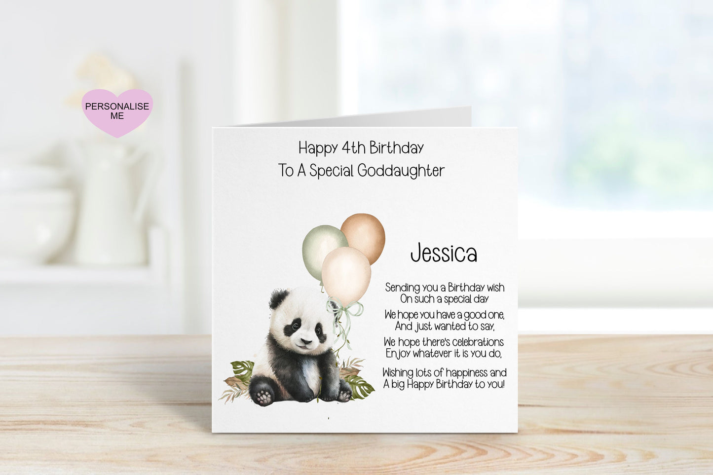 Niece 4th Birthday Card, Birthday Card For Niece, Any Age Card, 1st, 2nd, 3rd, 4th, 5th, 6th, Personalised Card, Panda Card, Poem Card