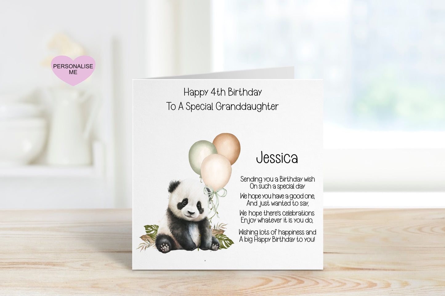 Niece 4th Birthday Card, Birthday Card For Niece, Any Age Card, 1st, 2nd, 3rd, 4th, 5th, 6th, Personalised Card, Panda Card, Poem Card