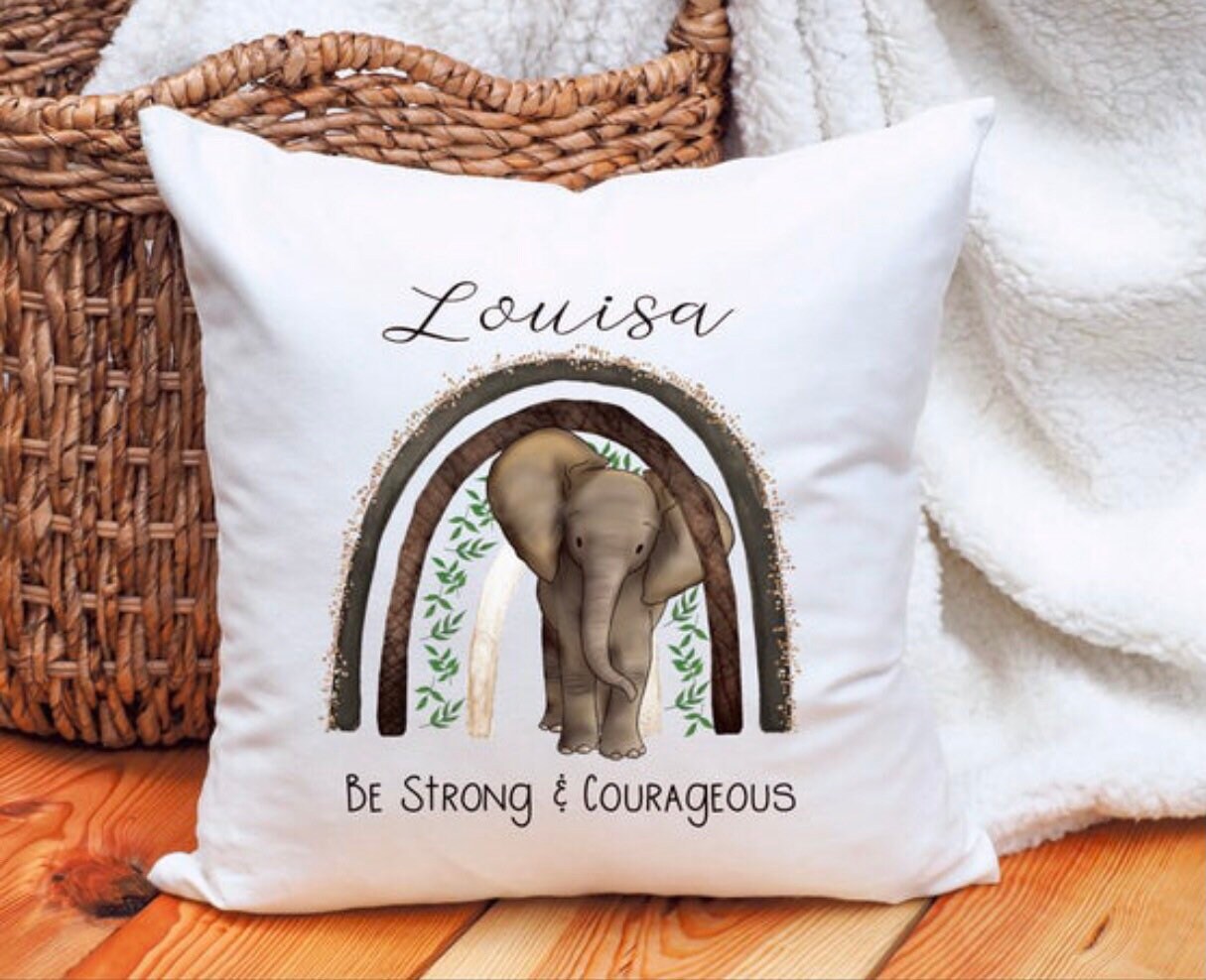 Elephant Rainbow Cushion Gift, Be Strong Be Courageous, Personalised Cushion Gift, Birthday Gift For Her, Birthday Gift For Him