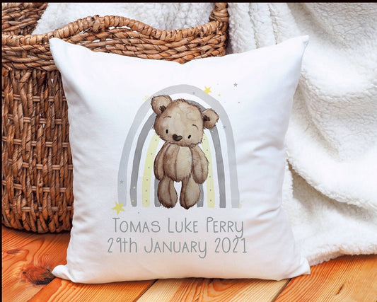 New Baby Gift, Teddy Bear Rainbow Personalised New Baby Gift, Soft Cushion Gift