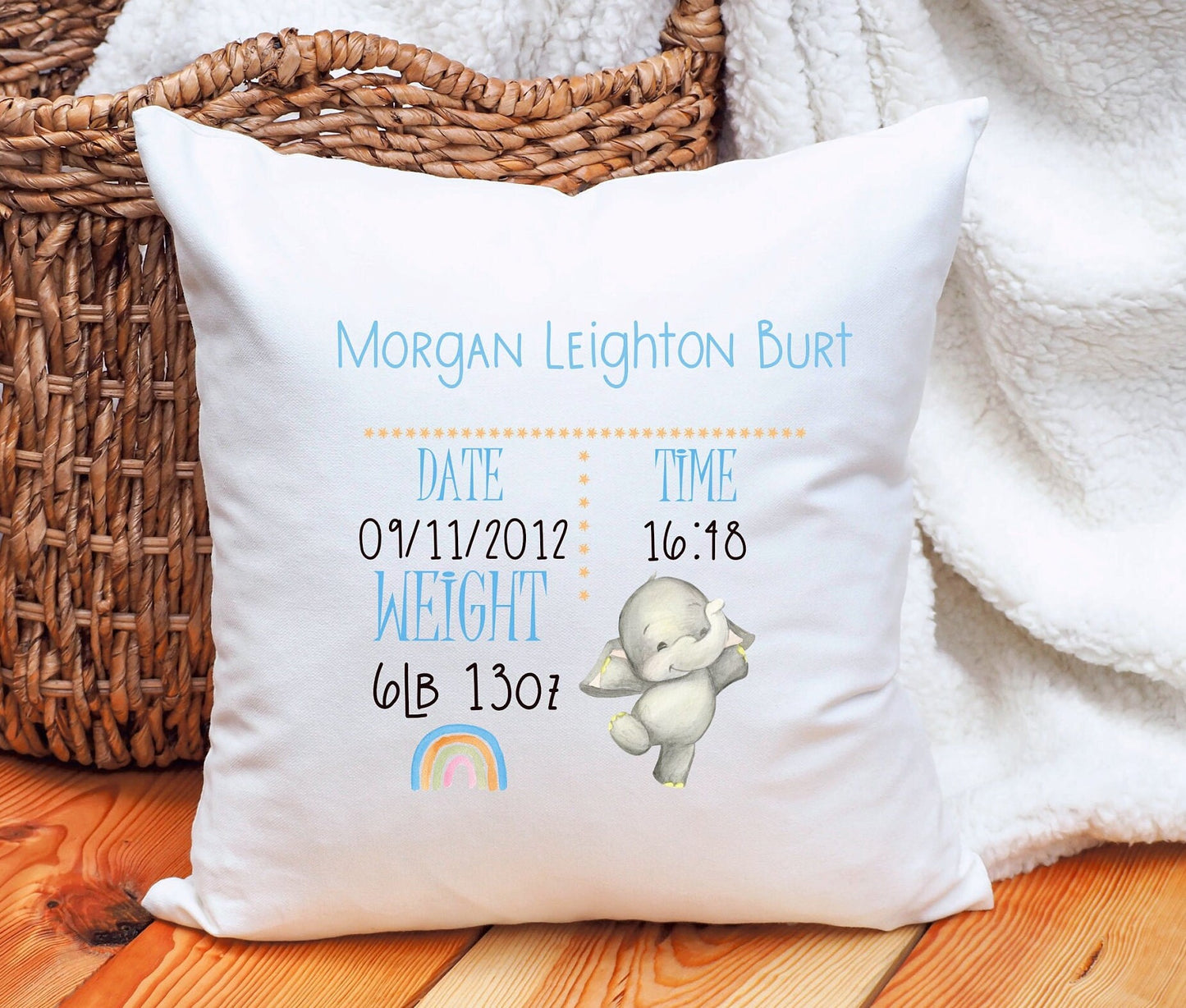 New Baby Gift, Birth Detailed Cushion, Personalised New Baby Birth Elephant design
