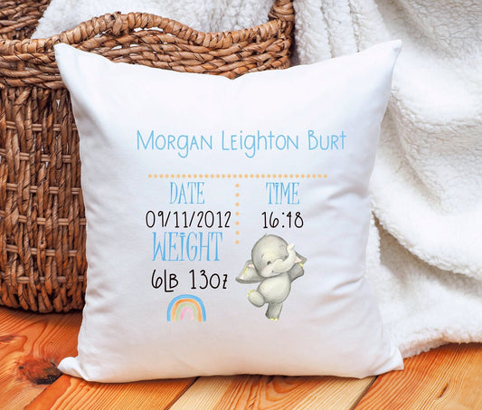 New Baby Gift, Birth Detailed Cushion, Personalised New Baby Birth Elephant design