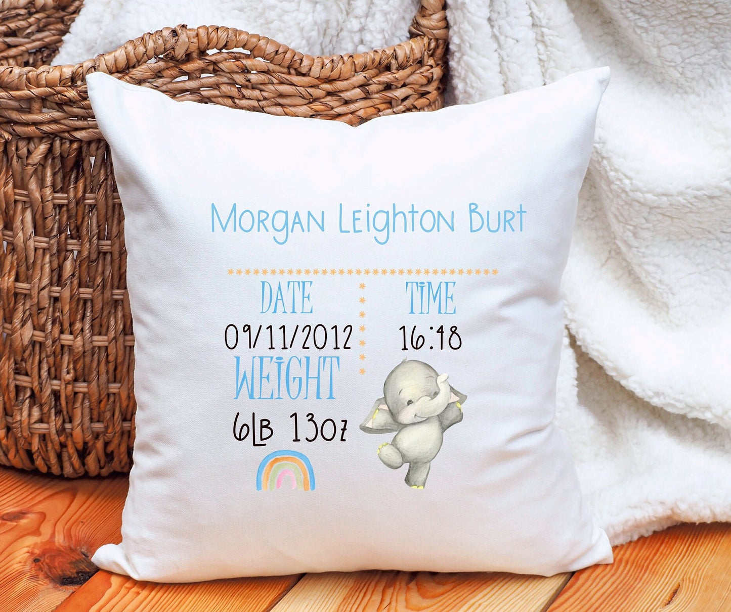 New Baby Gift, Birth Detailed Cushion, Personalised New Baby Birth Elephant design