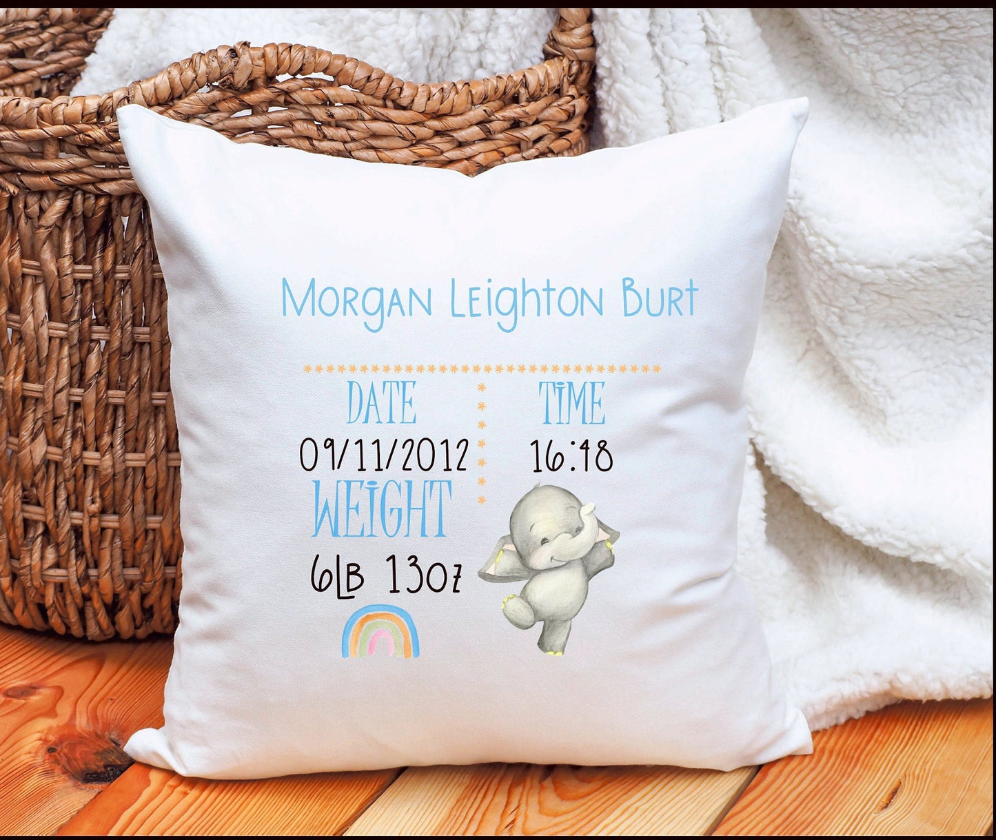 New Baby Gift, Birth Detailed Cushion, Personalised New Baby Birth Elephant design