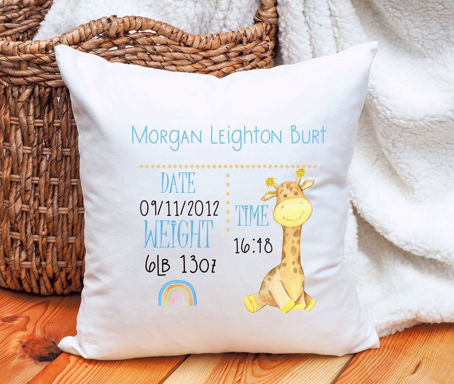 New Baby Gift, Birth Detailed Cushion, Personalised New Baby Birth Giraffe design