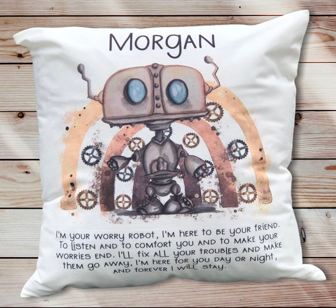 Robot Worry Cushion, Personalised Robot Cushion For Boys and Girls. Luxurious Super Soft Personalised Cushion Gift, Robot Pillow Gift