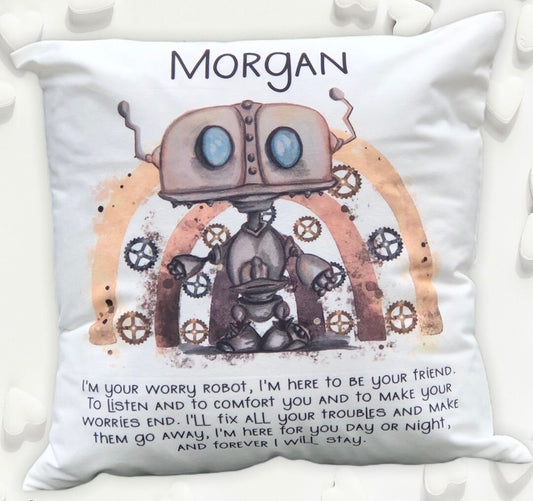 Robot Worry Cushion, Personalised Robot Cushion For Boys and Girls. Luxurious Super Soft Personalised Cushion Gift, Robot Pillow Gift