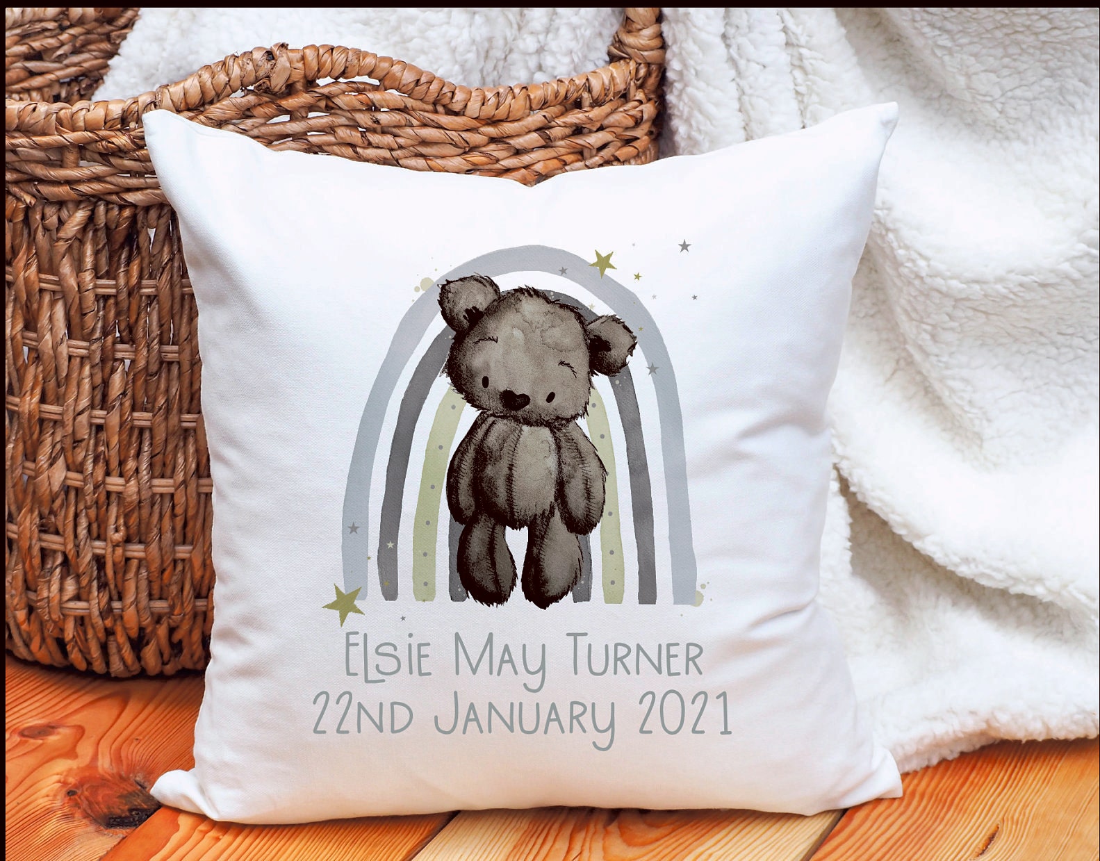 New Baby Gift, Teddy Bear Rainbow Personalised New Baby Gift, Soft Cushion Gift
