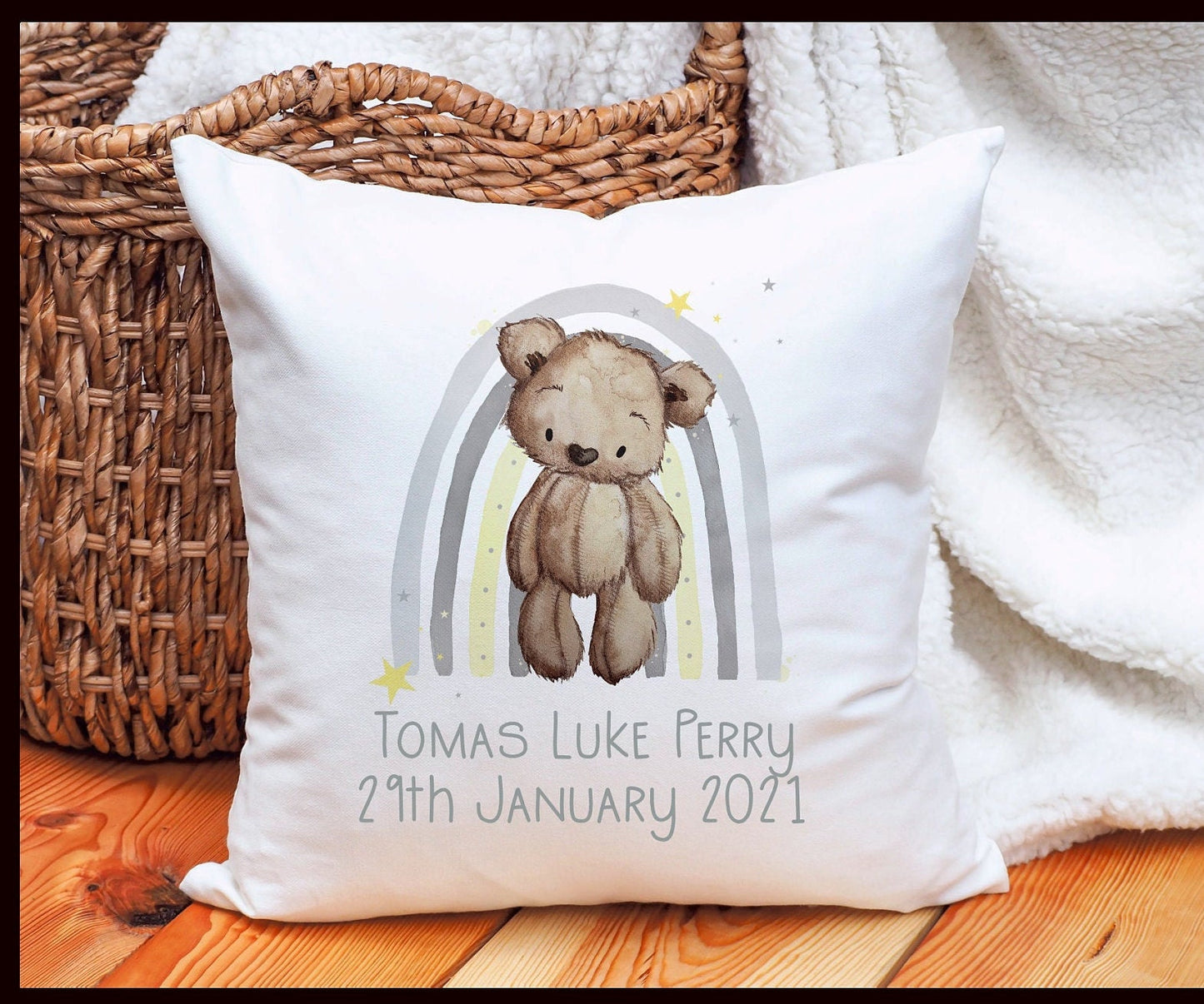 New Baby Gift, Teddy Bear Rainbow Personalised New Baby Gift, Soft Cushion Gift