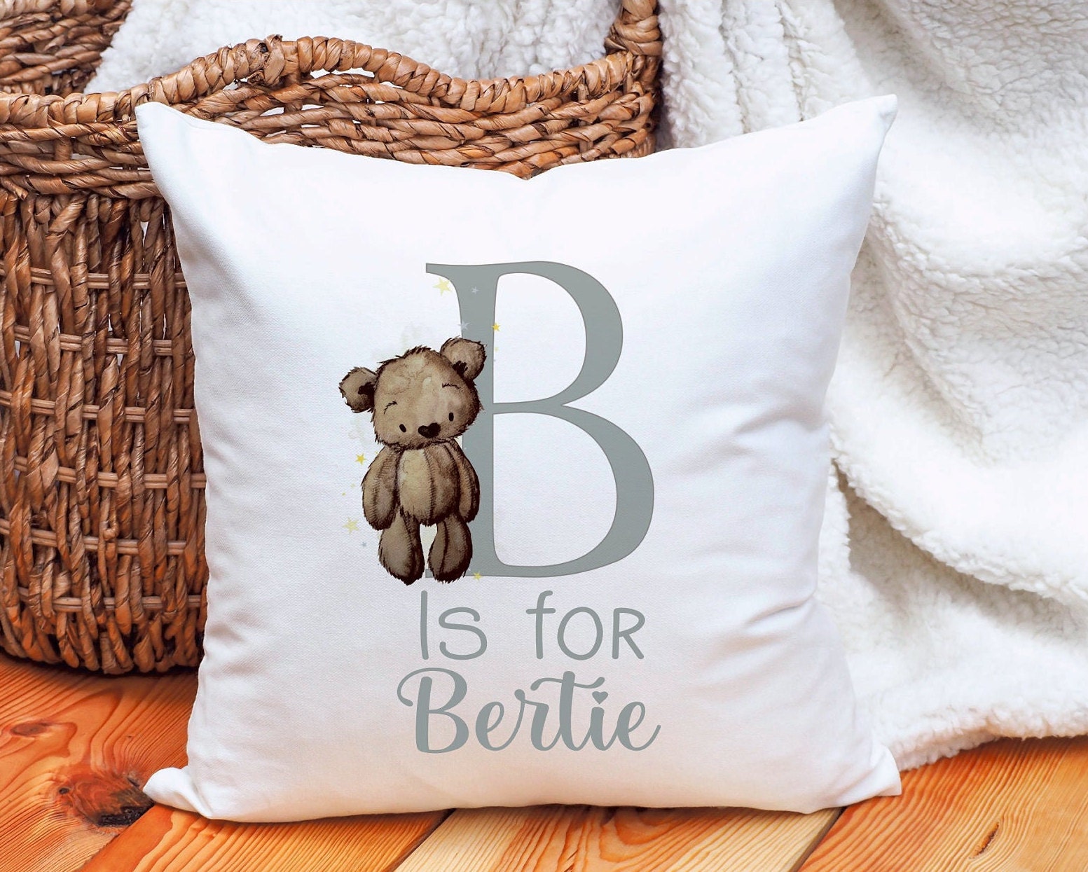 Personalised Teddy Initial Cushion Gift, New Baby Gift, Teddy Bear Personalised New Baby Gift, Soft Cushion Gift